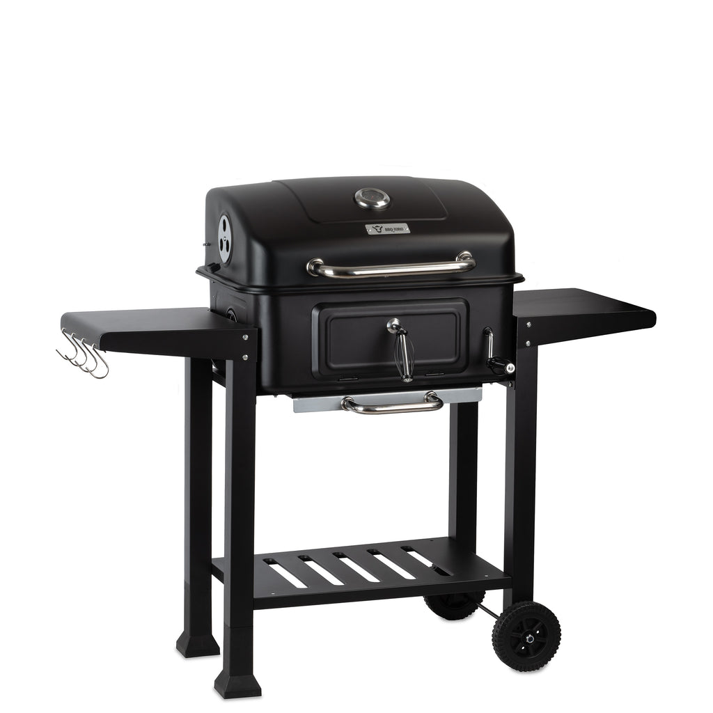 Charcoal grill cart, height-adjustable charcoal tray, including thermometer