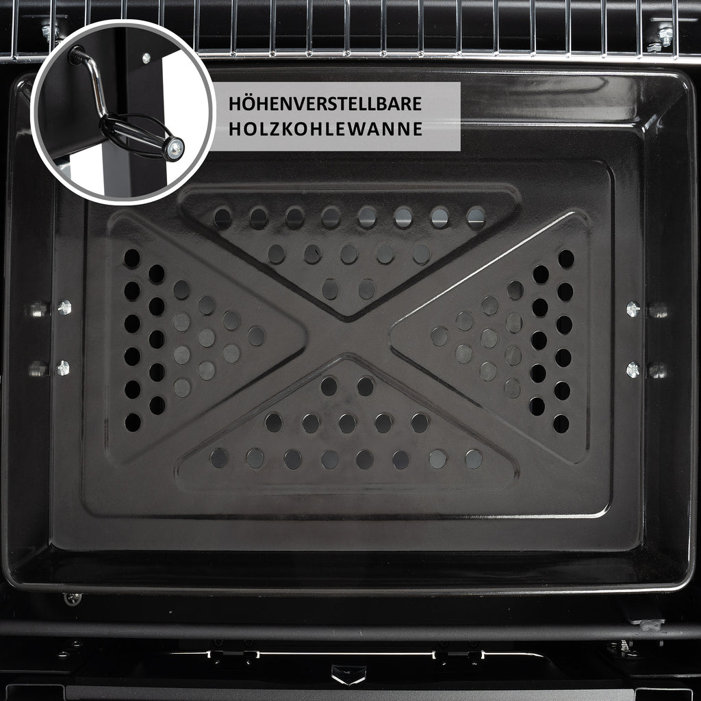 Charcoal grill cart, height-adjustable charcoal tray, including thermometer