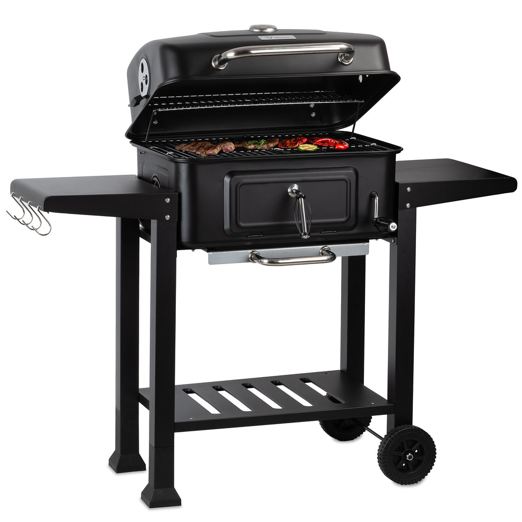Charcoal grill cart, height-adjustable charcoal tray, including thermometer