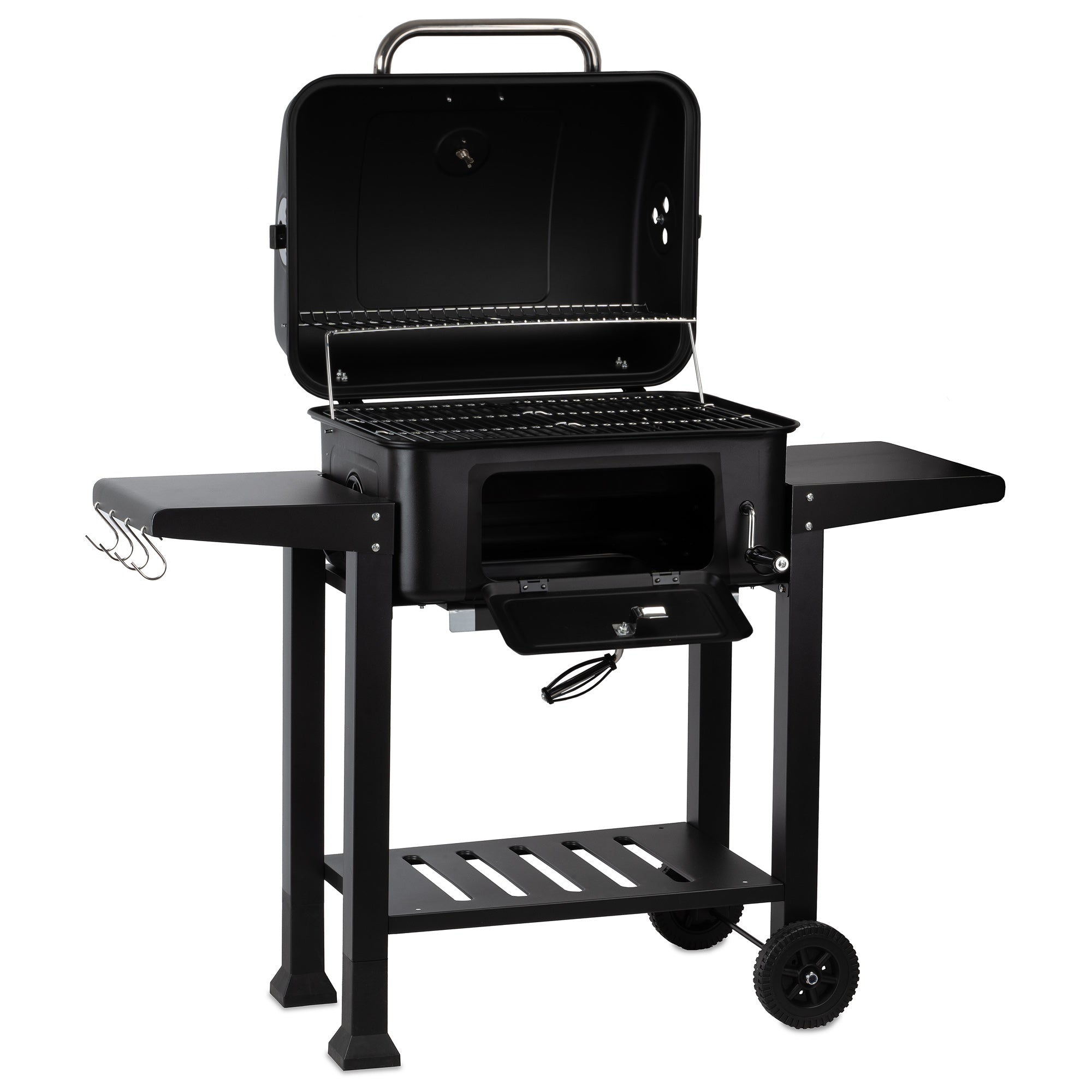 Charcoal grill cart, height-adjustable charcoal tray, including thermometer