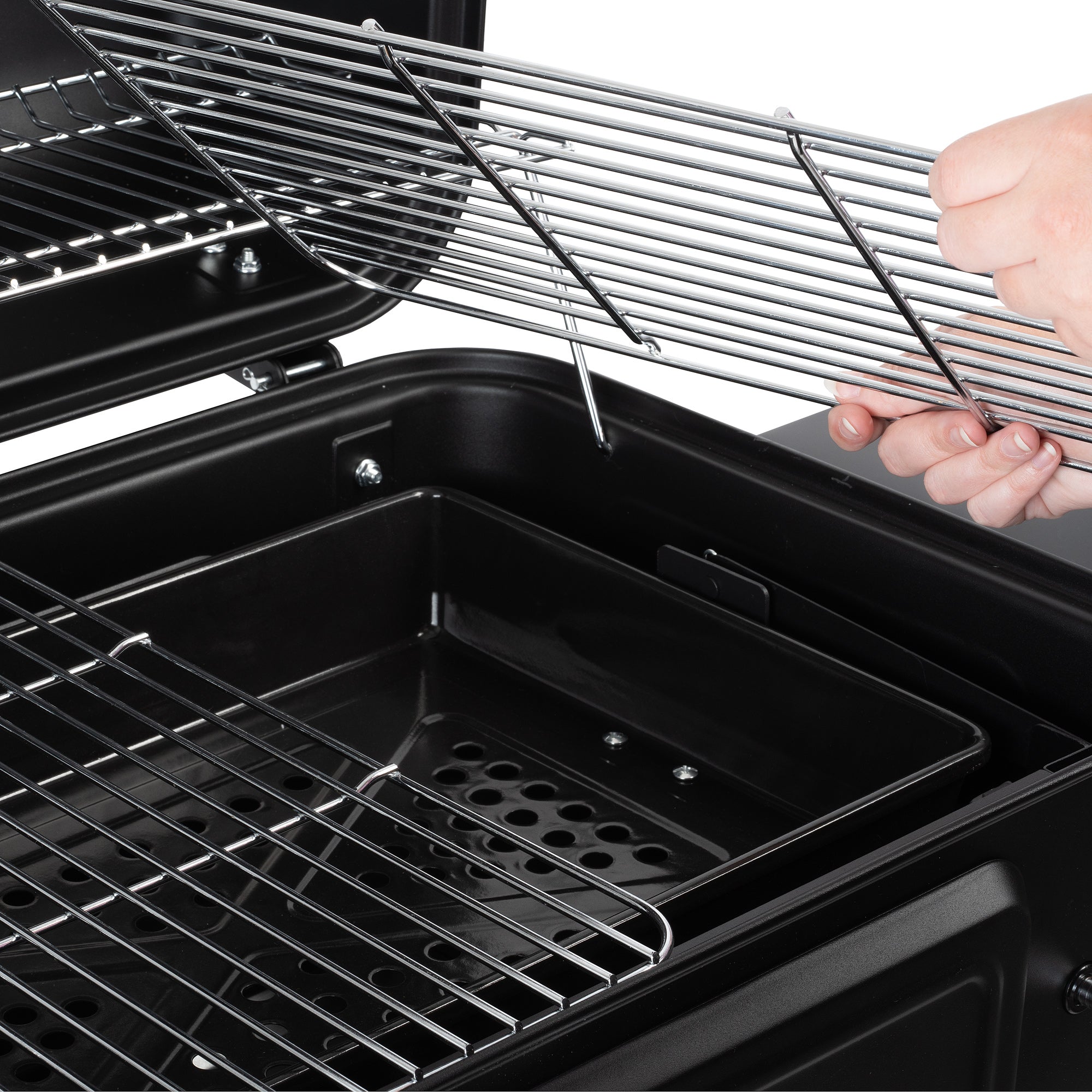 Charcoal grill cart, height-adjustable charcoal tray, including thermometer