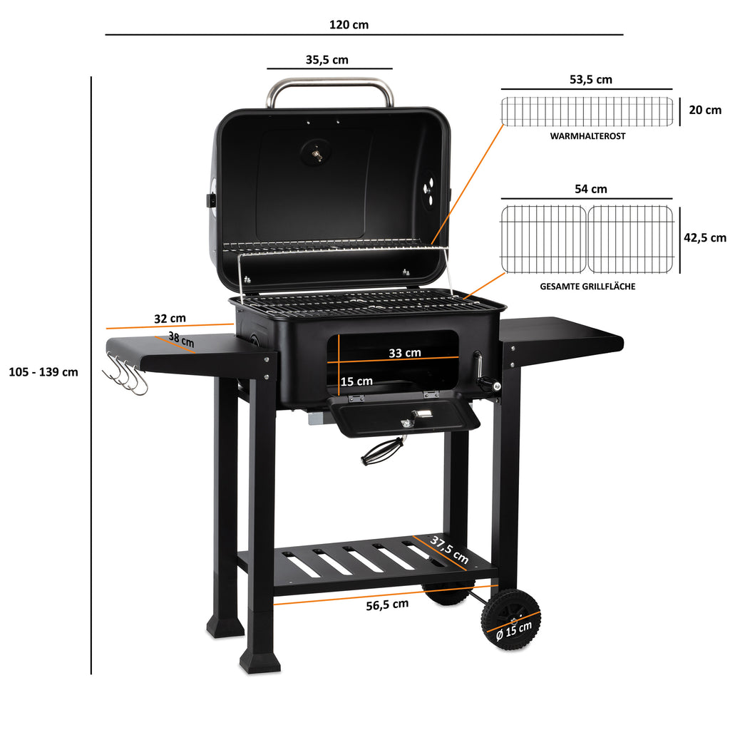 Charcoal grill cart, height-adjustable charcoal tray, including thermometer