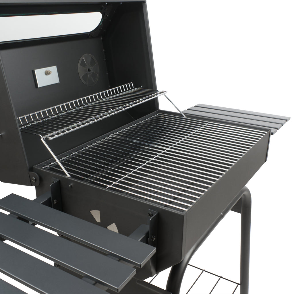 Holzkohle Grillwagen, 122 x 60 x 96 cm, mit Thermometer und Sichtfenster