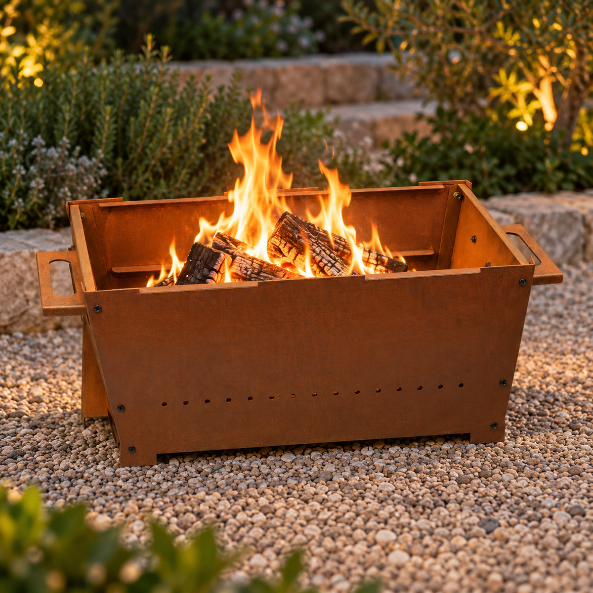 Holzkohle Grillwagen und Feuerstelle 2in1, Rostoptik, 77 x 44 x 84 cm, inkl. Grillrost und Grillplatte Gusseisen