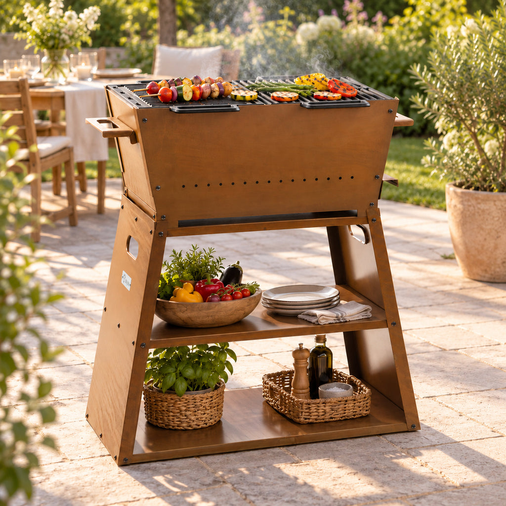 Holzkohle Grillwagen und Feuerstelle 2in1, Rostoptik, 77 x 44 x 84 cm, inkl. Grillrost und Grillplatte Gusseisen