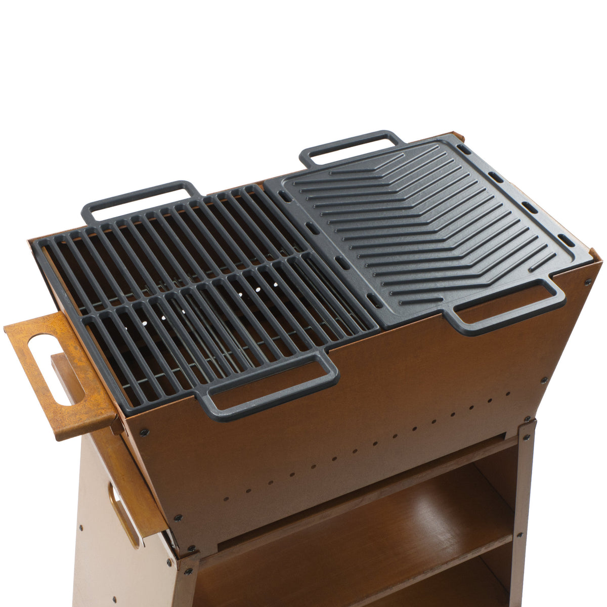 Holzkohle Grillwagen und Feuerstelle 2in1, Rostoptik, 77 x 44 x 84 cm, inkl. Grillrost und Grillplatte Gusseisen