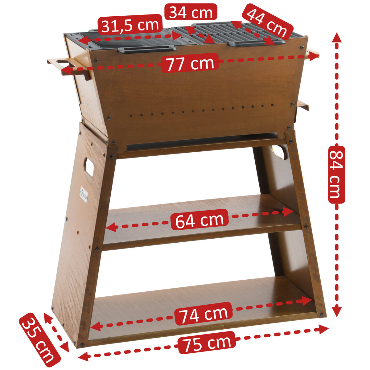 Holzkohle Grillwagen und Feuerstelle 2in1, Rostoptik, 77 x 44 x 84 cm, inkl. Grillrost und Grillplatte Gusseisen