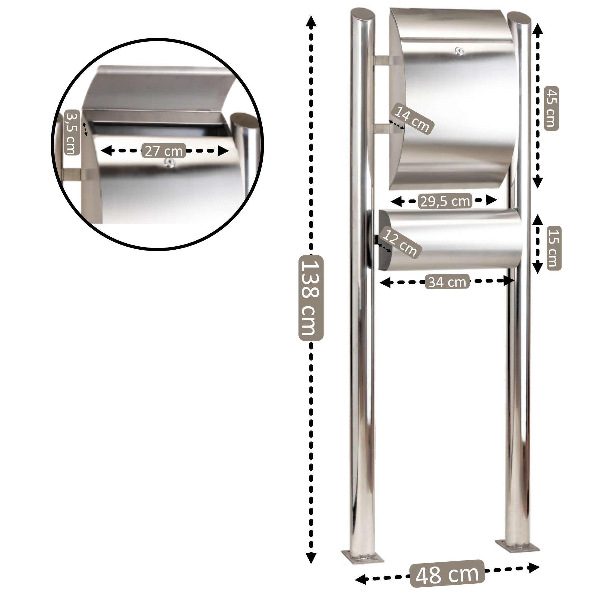 Boîte aux lettres autoportante, en acier inoxydable, à double tube, verrouillable, avec porte-journaux.