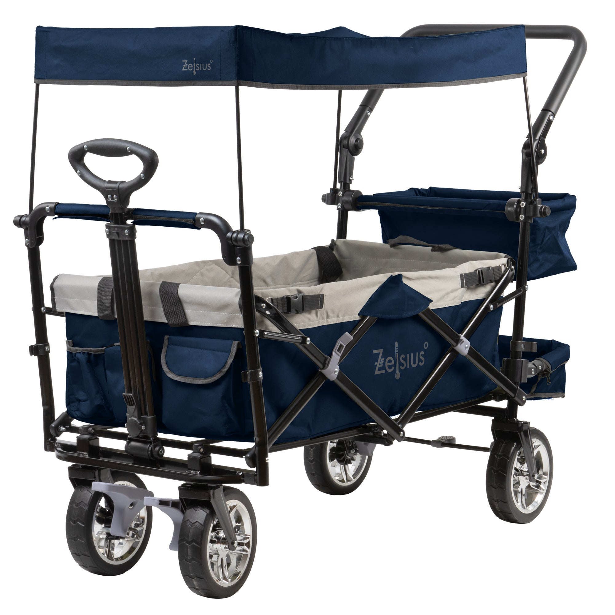 Folding wagon, including harness system, with canopy