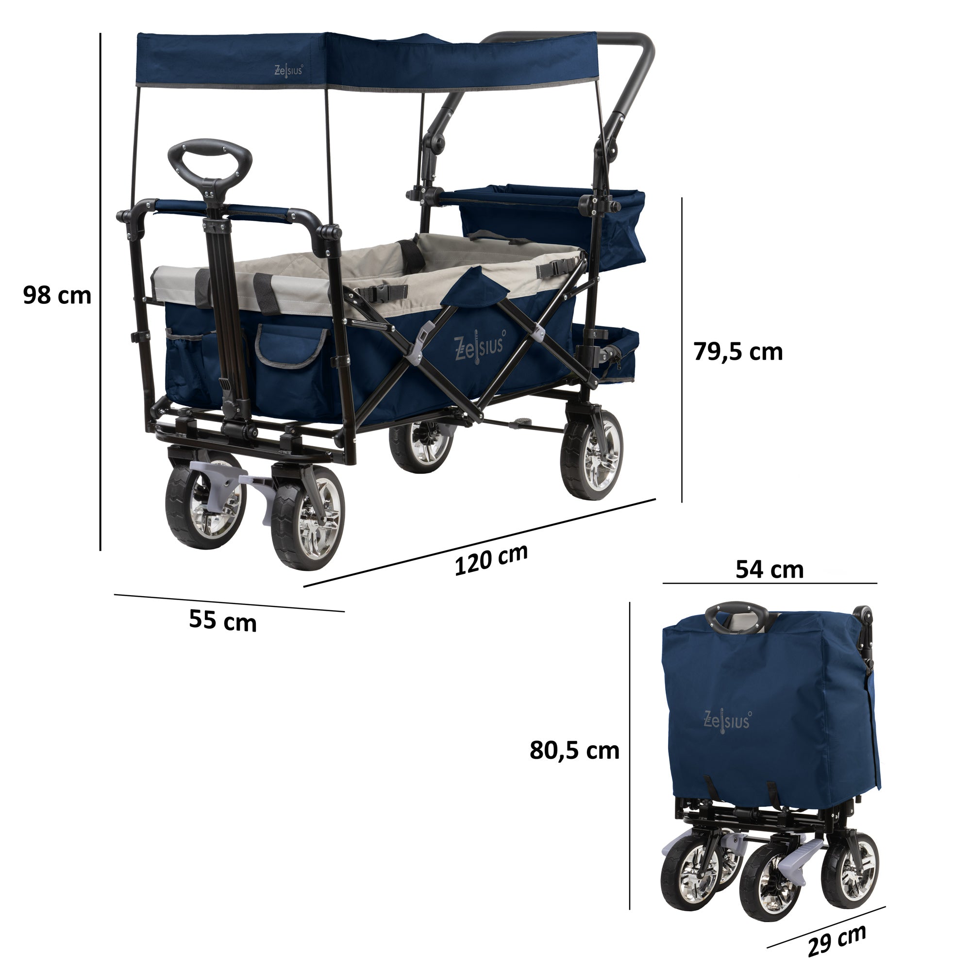 Folding wagon, including harness system, with canopy