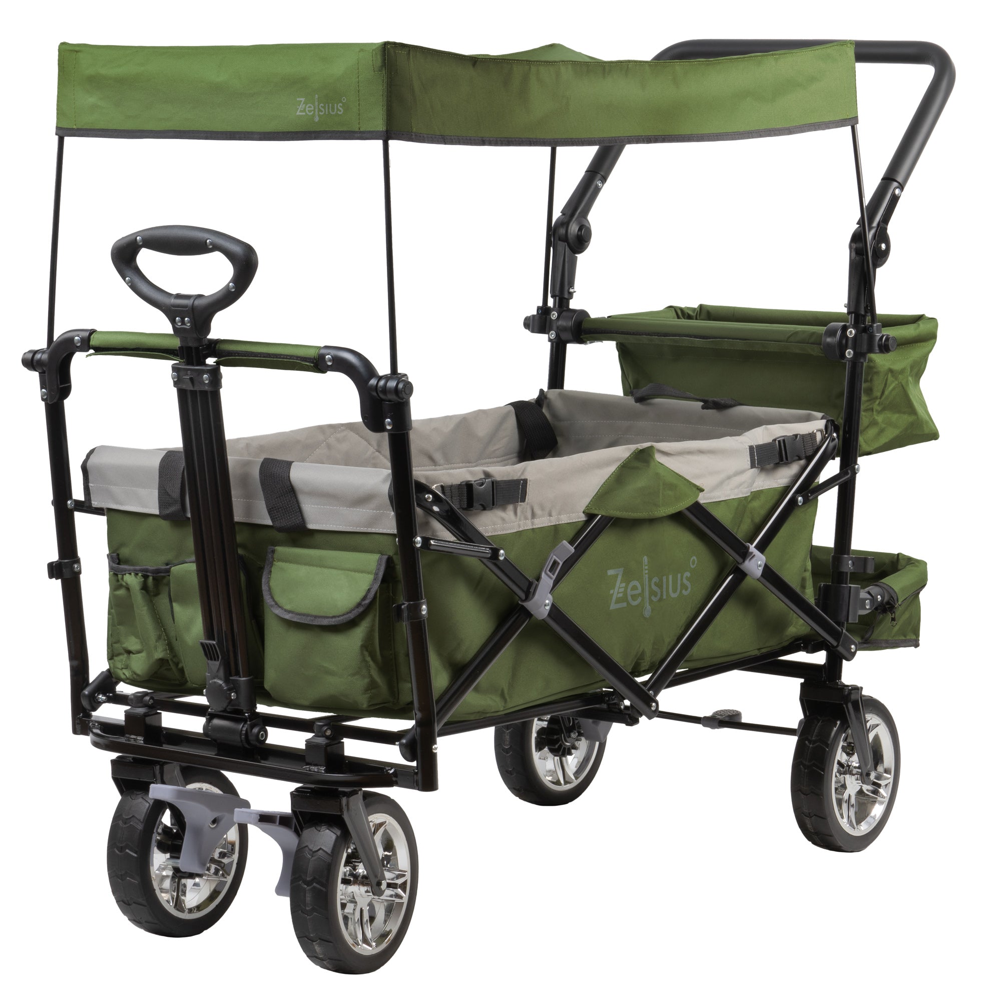 Folding wagon, including harness system, with canopy