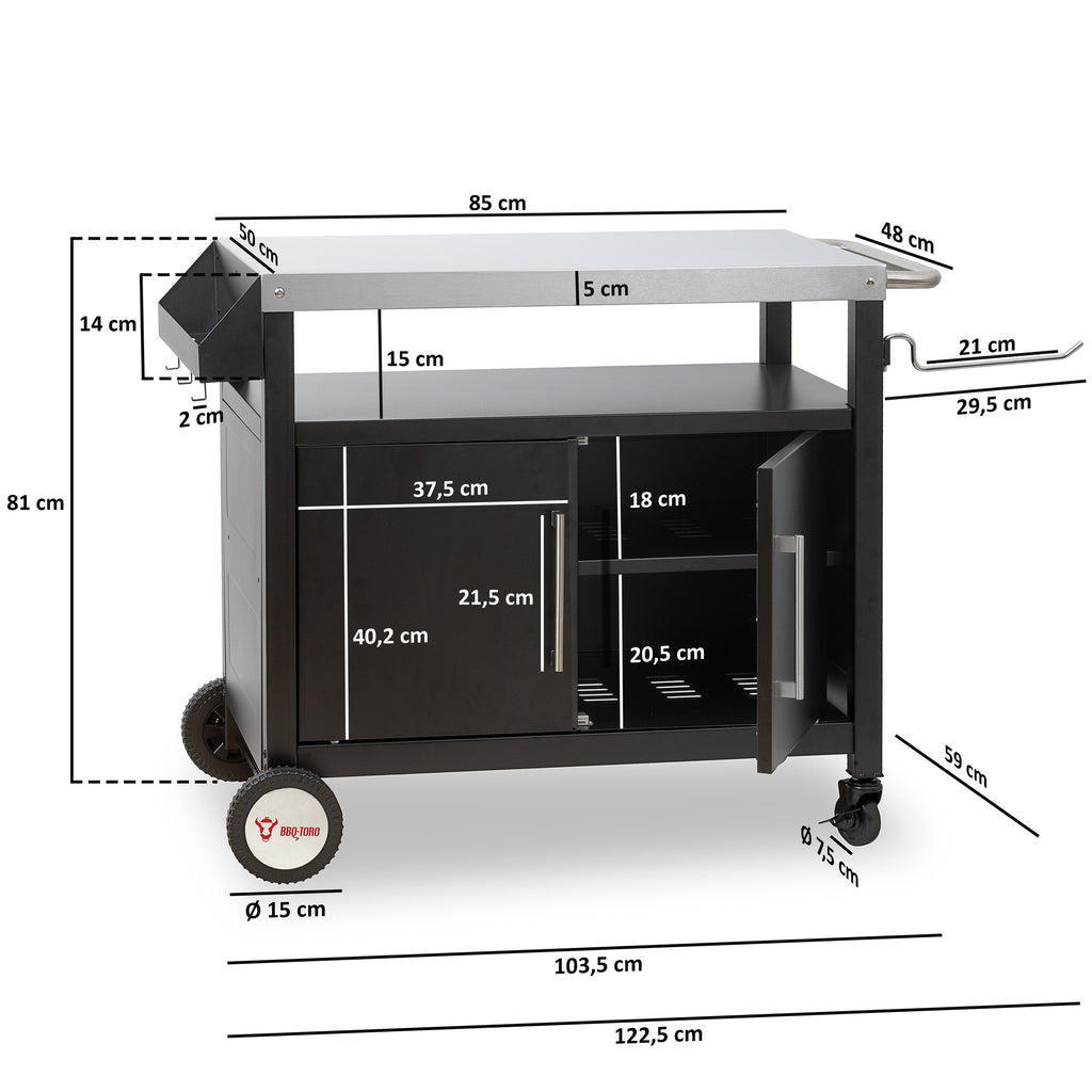 Chariot de barbecue, argent/noir, 103,5 x 59 x 81 cm, comprenant un grand plan de travail