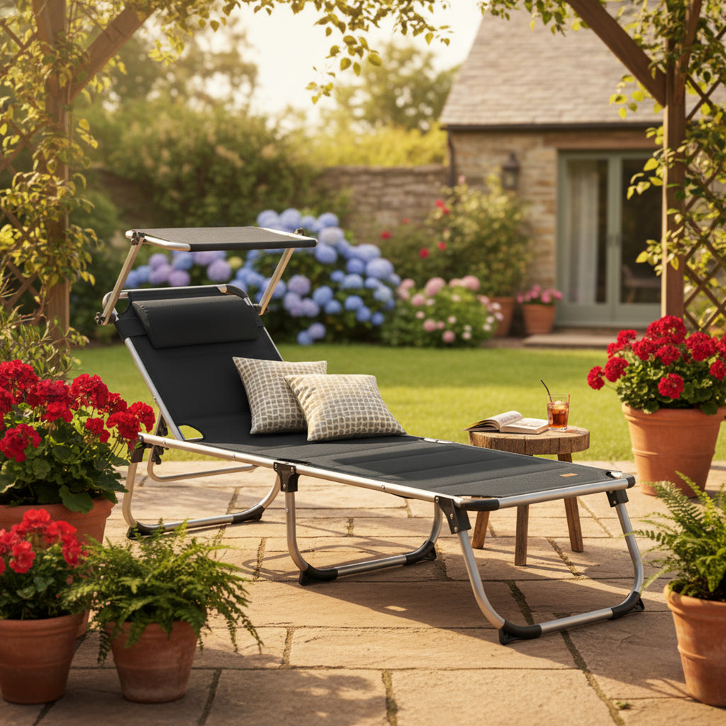 Sun lounger, including canopy, aluminum camping lounger