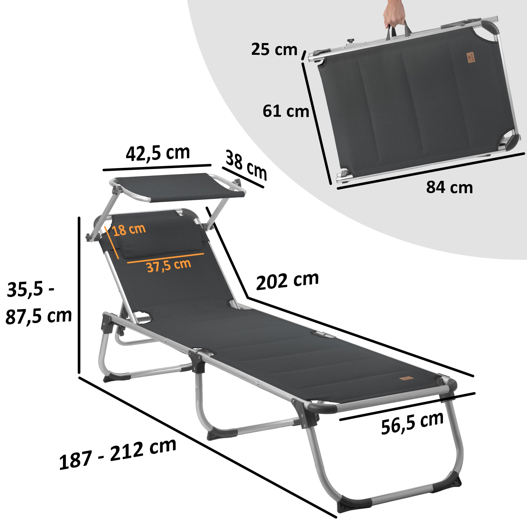Sun lounger, including canopy, aluminum camping lounger