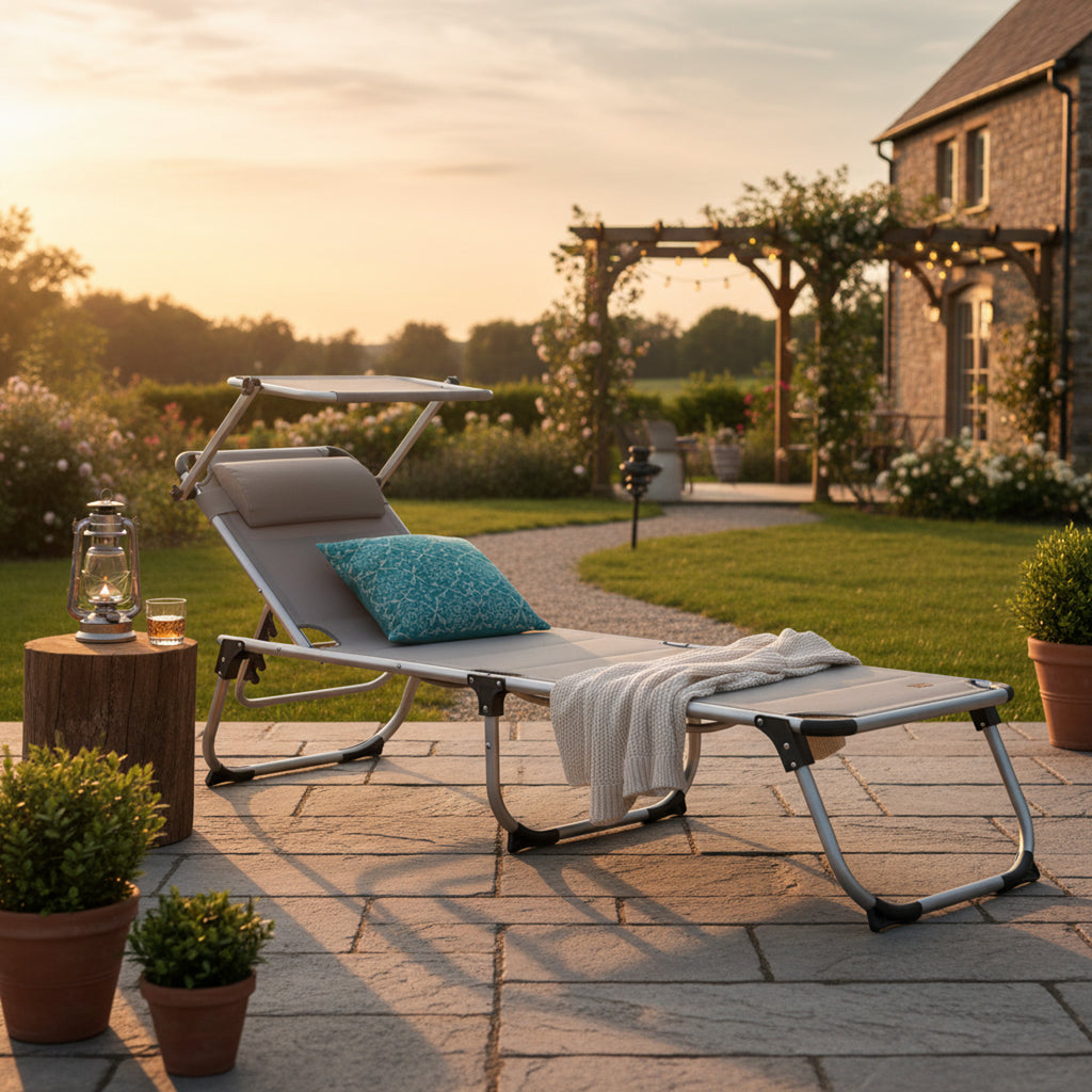 Sun lounger, including canopy, aluminum camping lounger