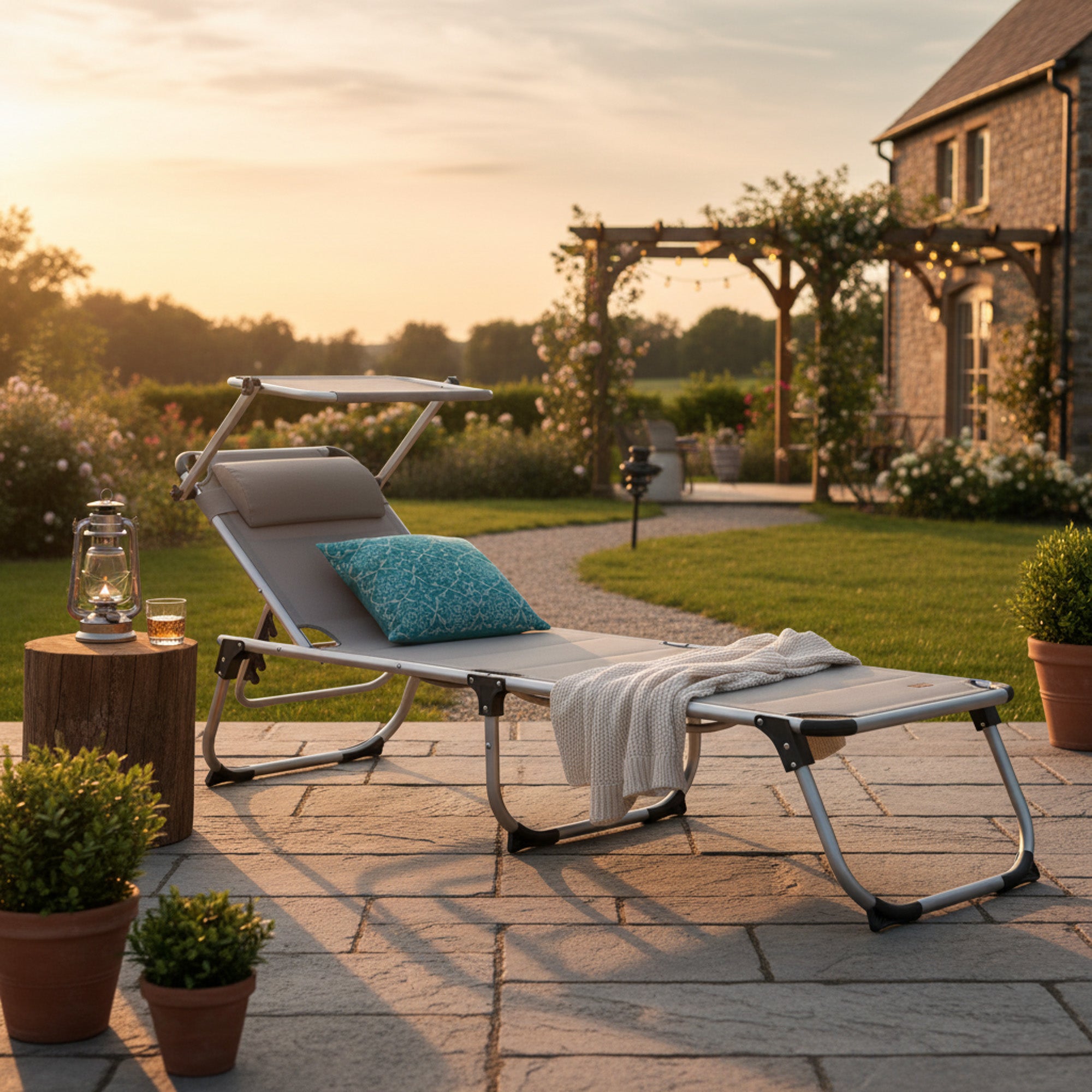 Sun lounger, including canopy, aluminum camping lounger