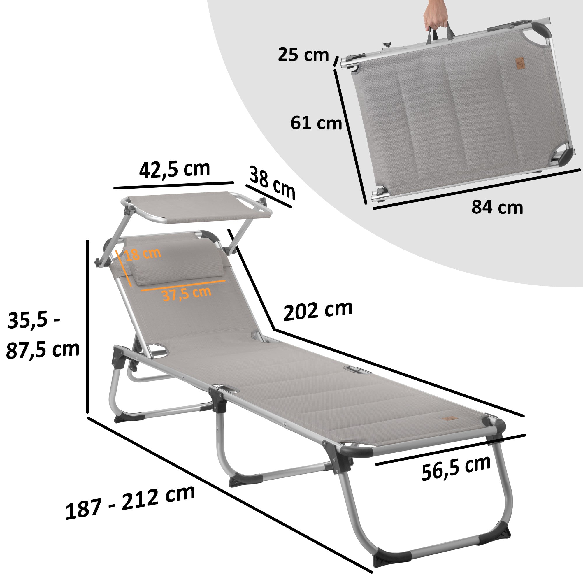 Sun lounger, including canopy, aluminum camping lounger