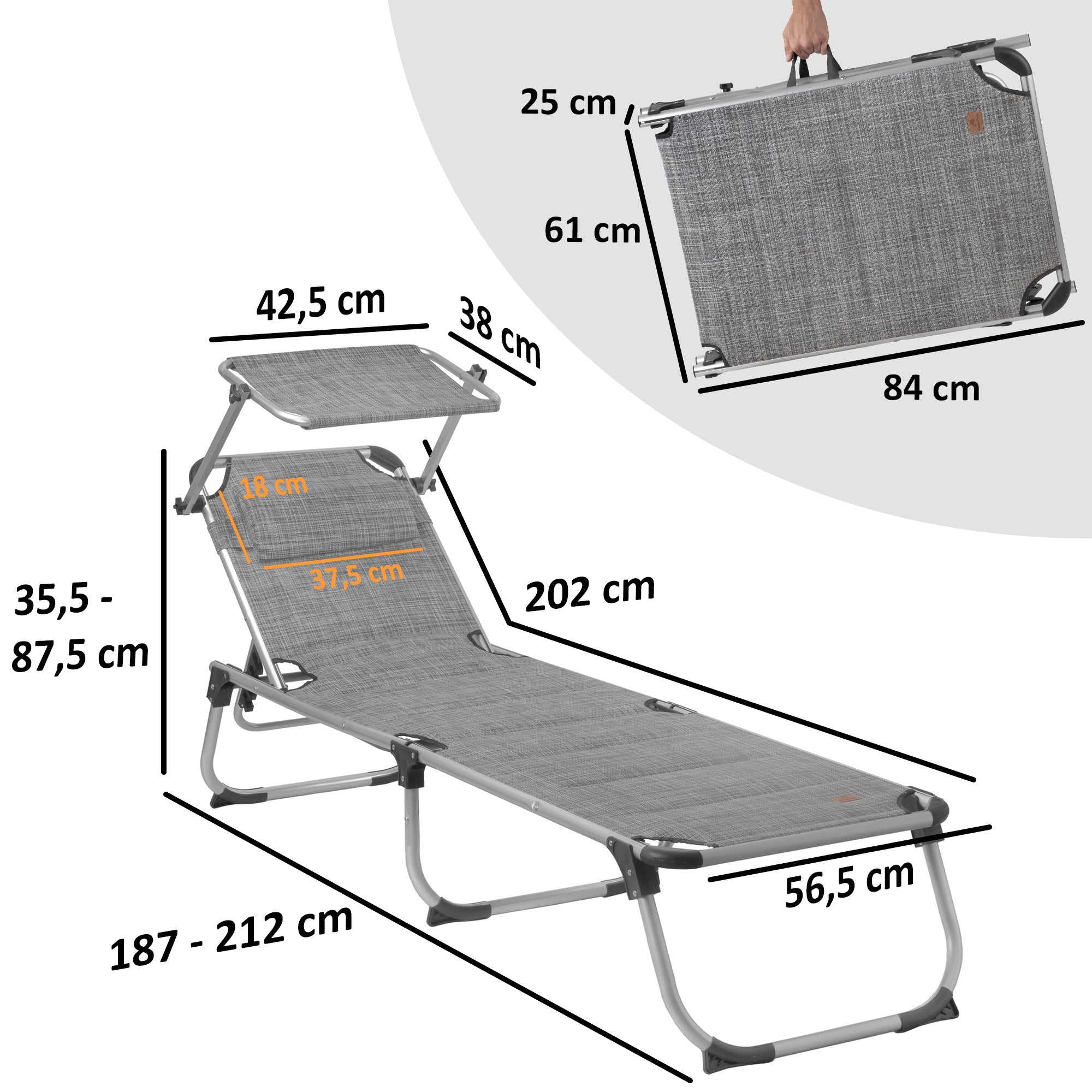 Sun lounger, including canopy, aluminum camping lounger
