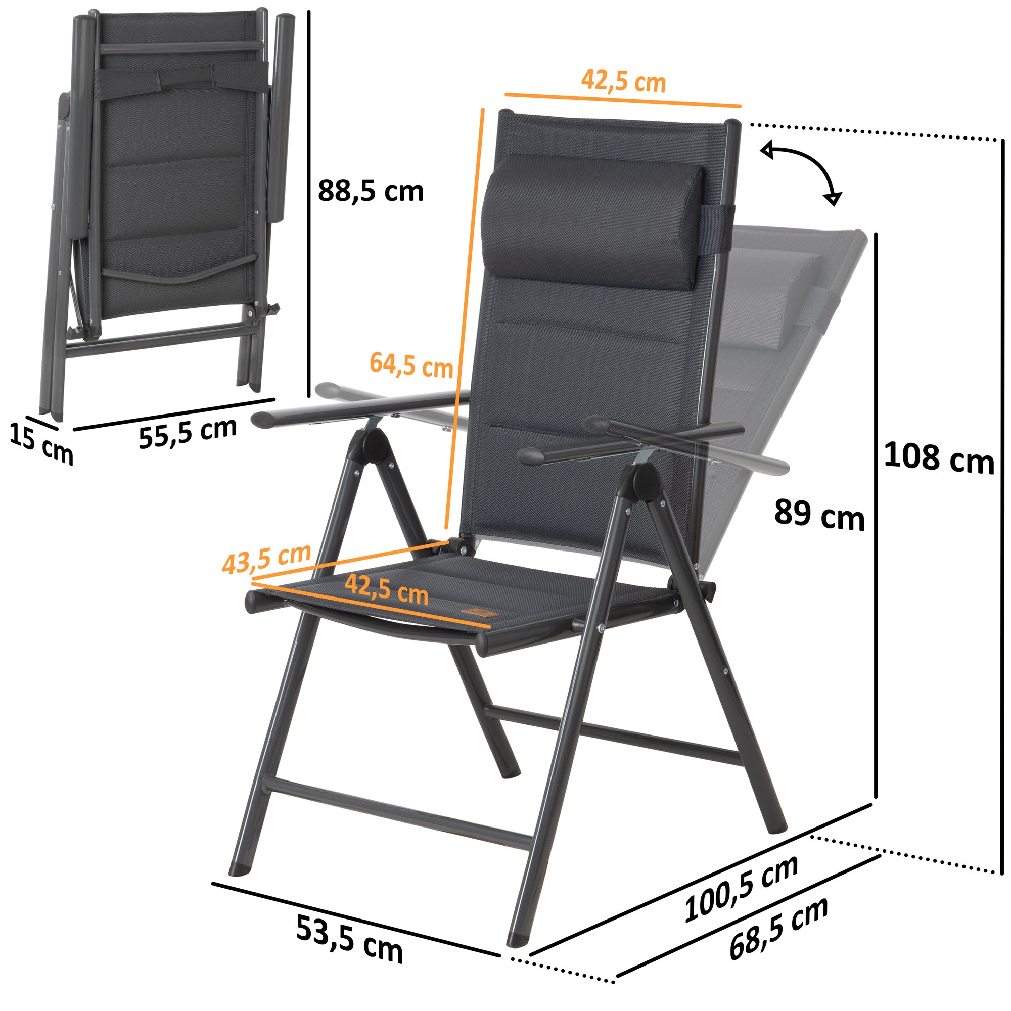 Camping chair, 7-way adjustable, outdoor garden chair
