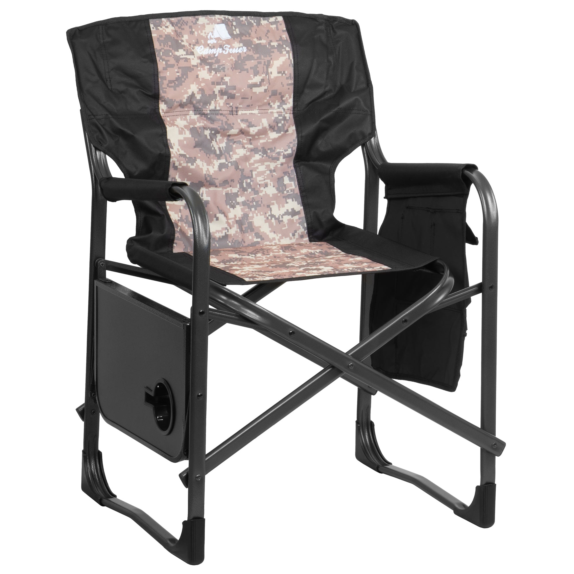 Folding camping chair, including fold-out table