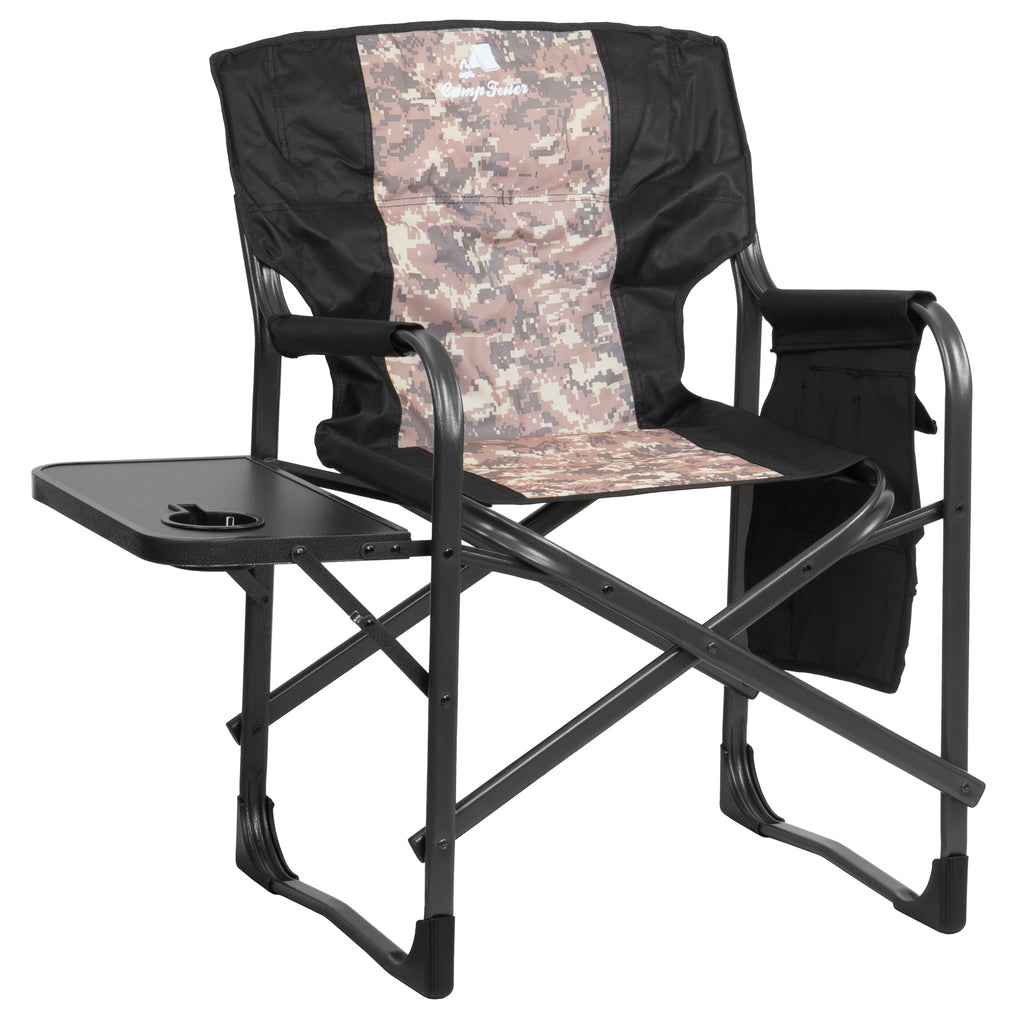 Folding camping chair, including fold-out table