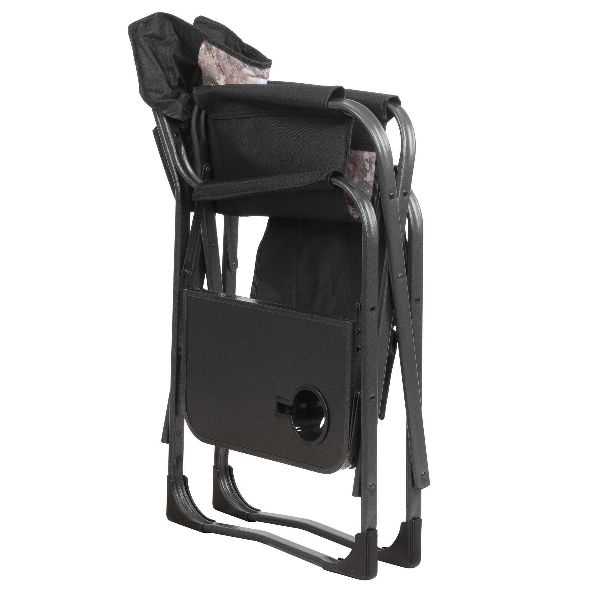 Folding camping chair, including fold-out table