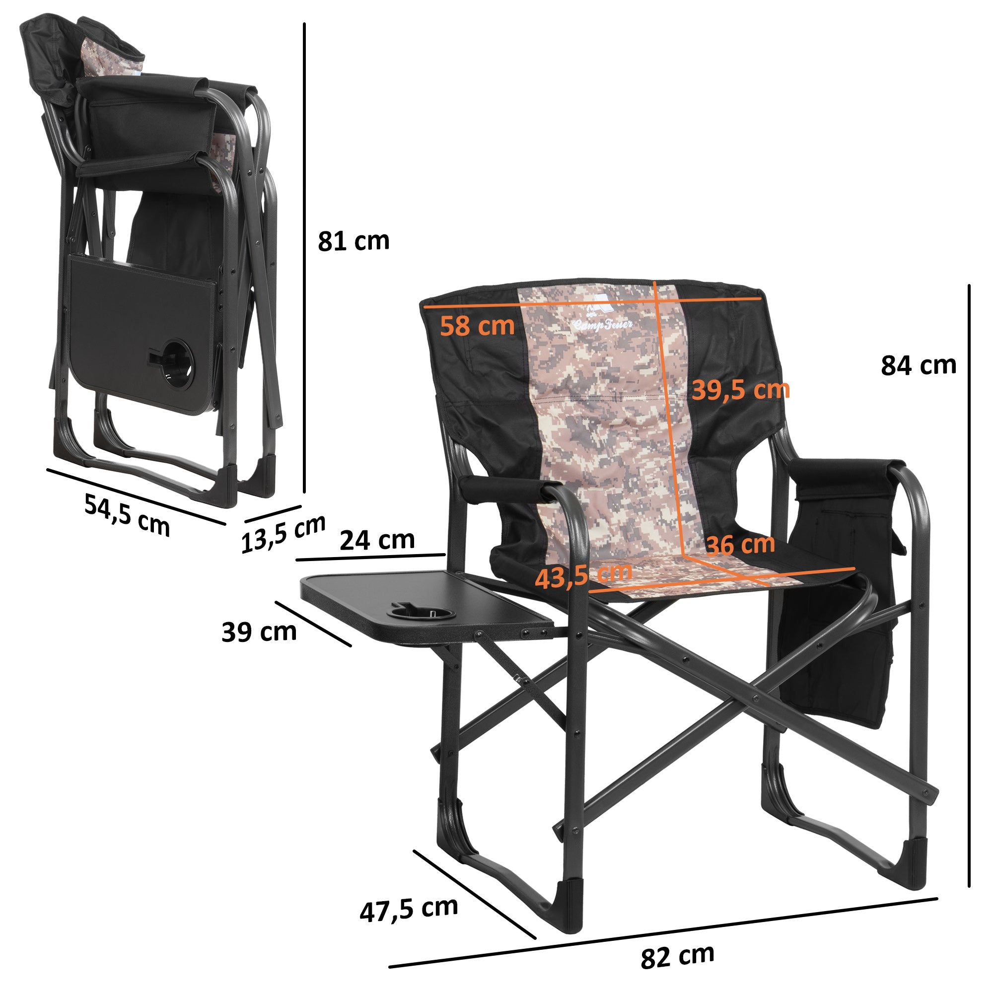 Folding camping chair, including fold-out table