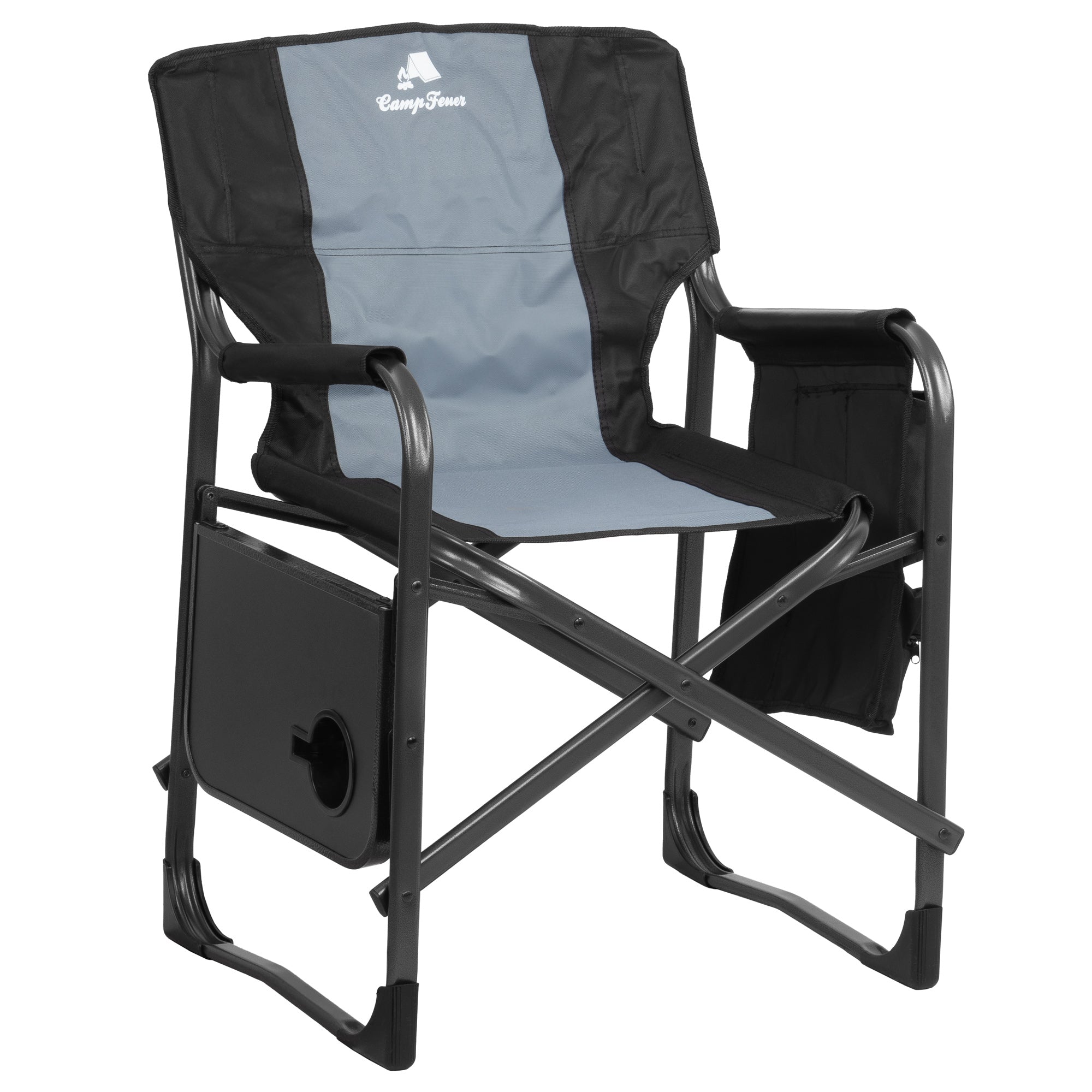Folding camping chair, including fold-out table
