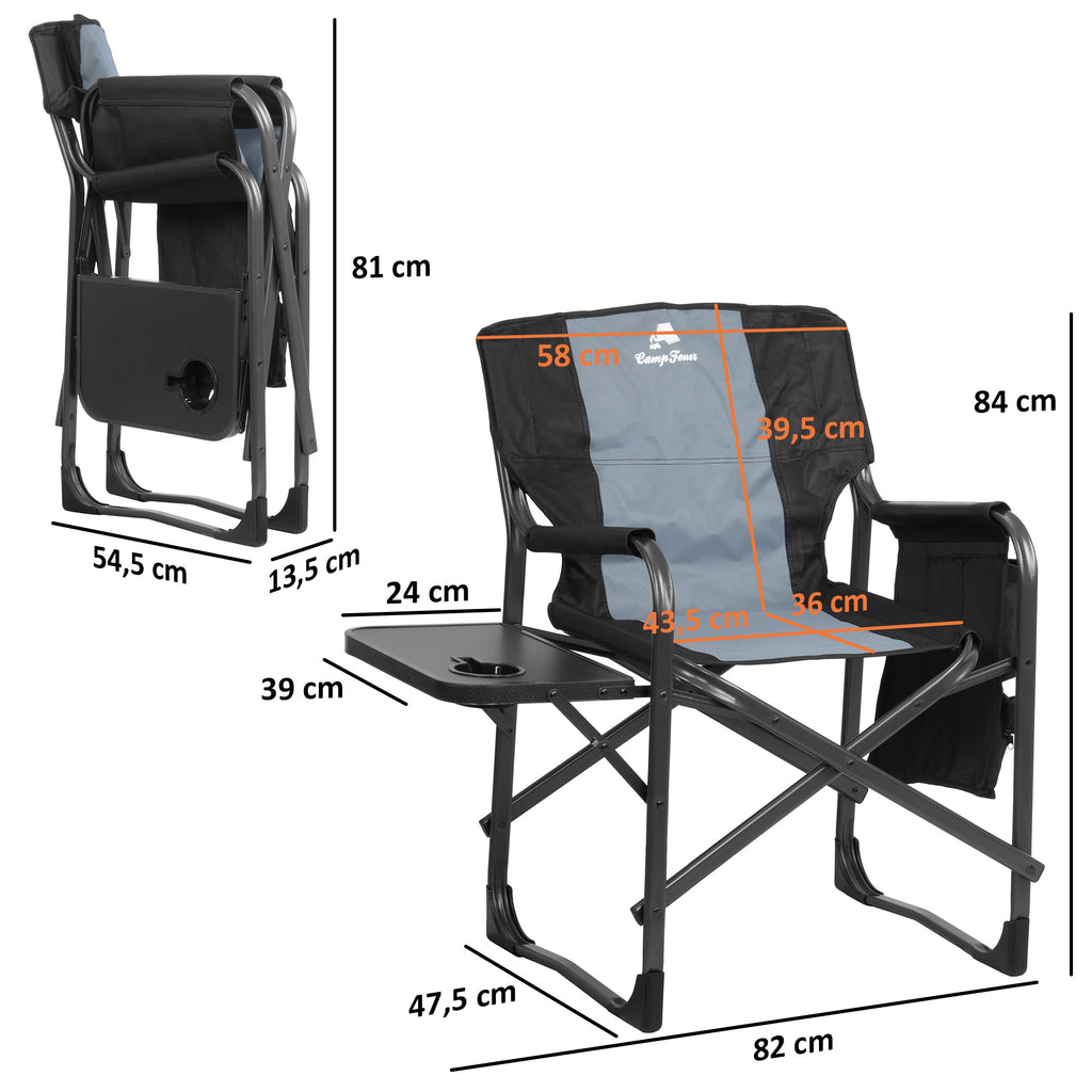 Folding camping chair, including fold-out table