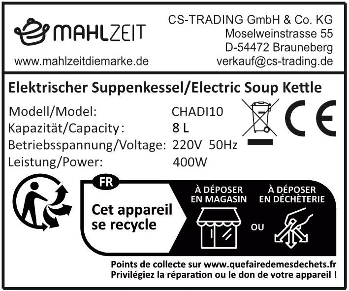Bouilloire électrique, 8 litres, insert amovible en acier inoxydable