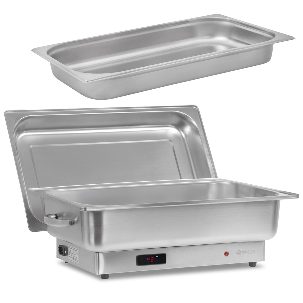 Chafing dish électrique, acier inoxydable, cuve GN 1/1, 9 litres, jusqu'à 80 °C, écran inclus