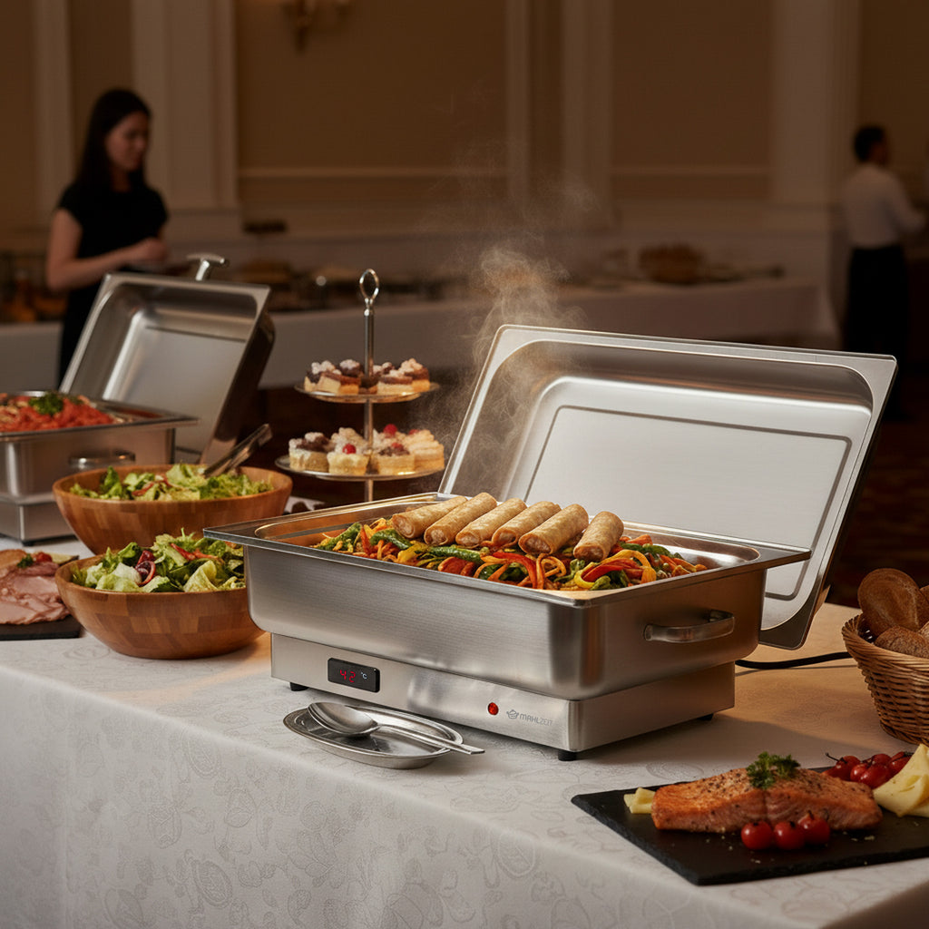 Chafing dish électrique, acier inoxydable, cuve GN 1/1, 9 litres, jusqu'à 80 °C, écran inclus