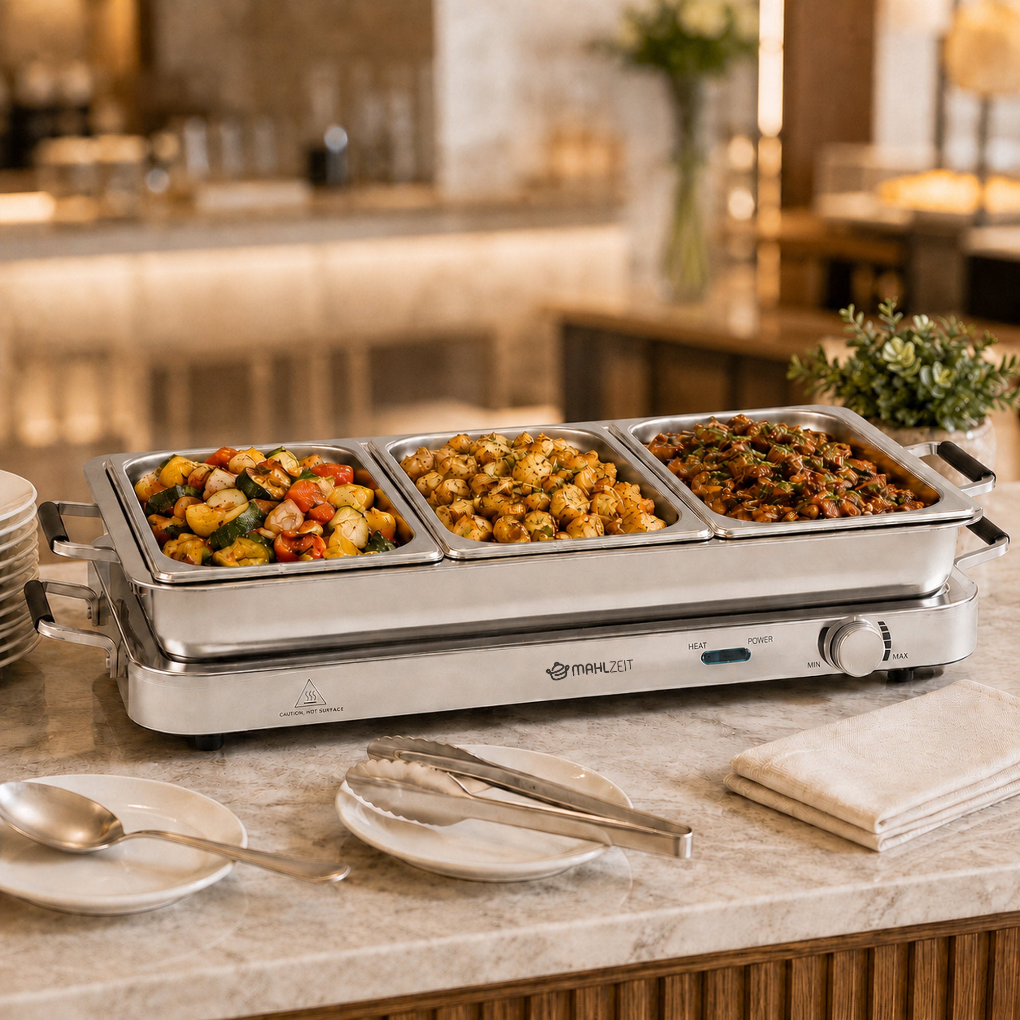 Edelstahl 2in1 Buffetwärmer mit 3x 1/3 GN-Behältern und Wasserbad
