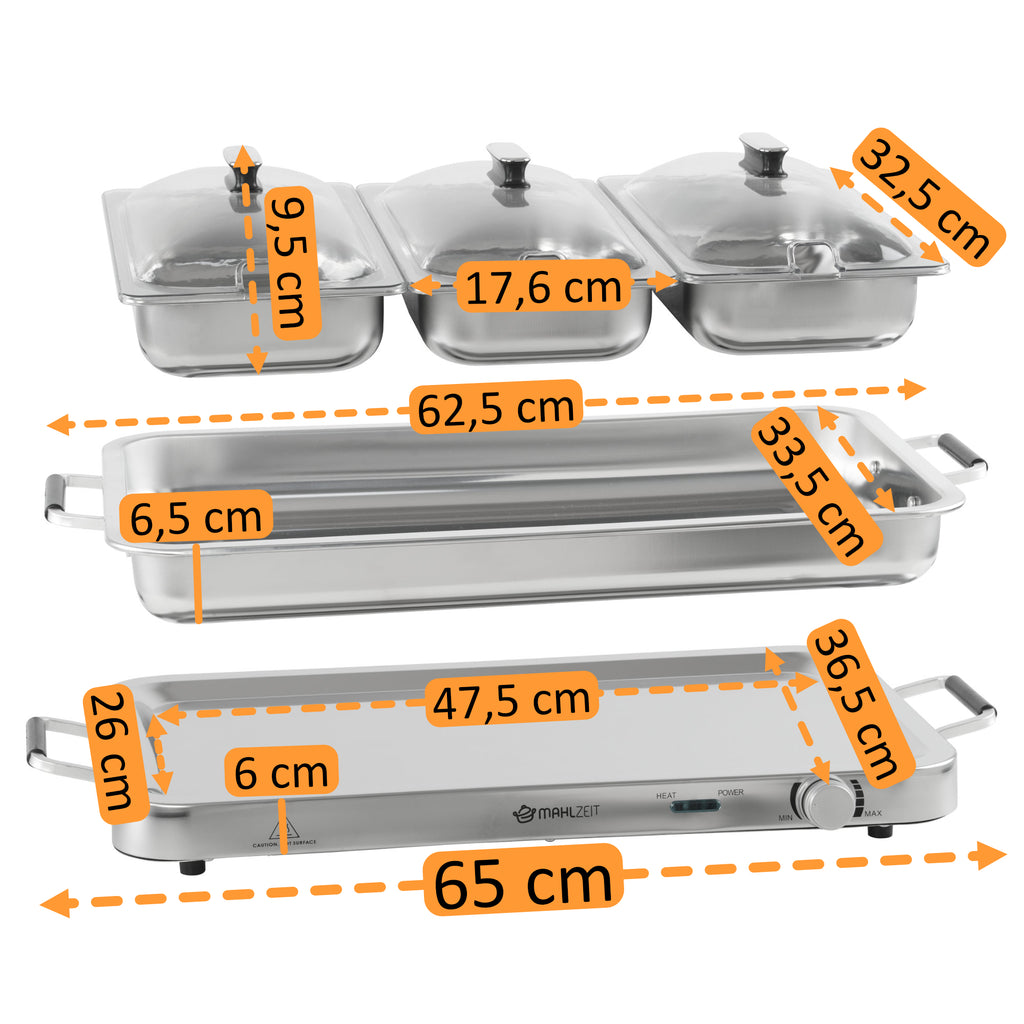 Edelstahl 2in1 Buffetwärmer mit 3x 1/3 GN-Behältern und Wasserbad