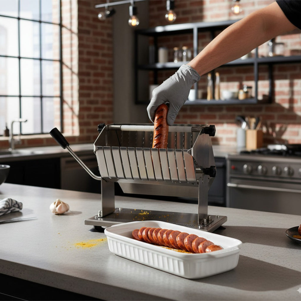 Currywurst cutter, stainless steel, for 18 mm slices, including 10 sharp blades