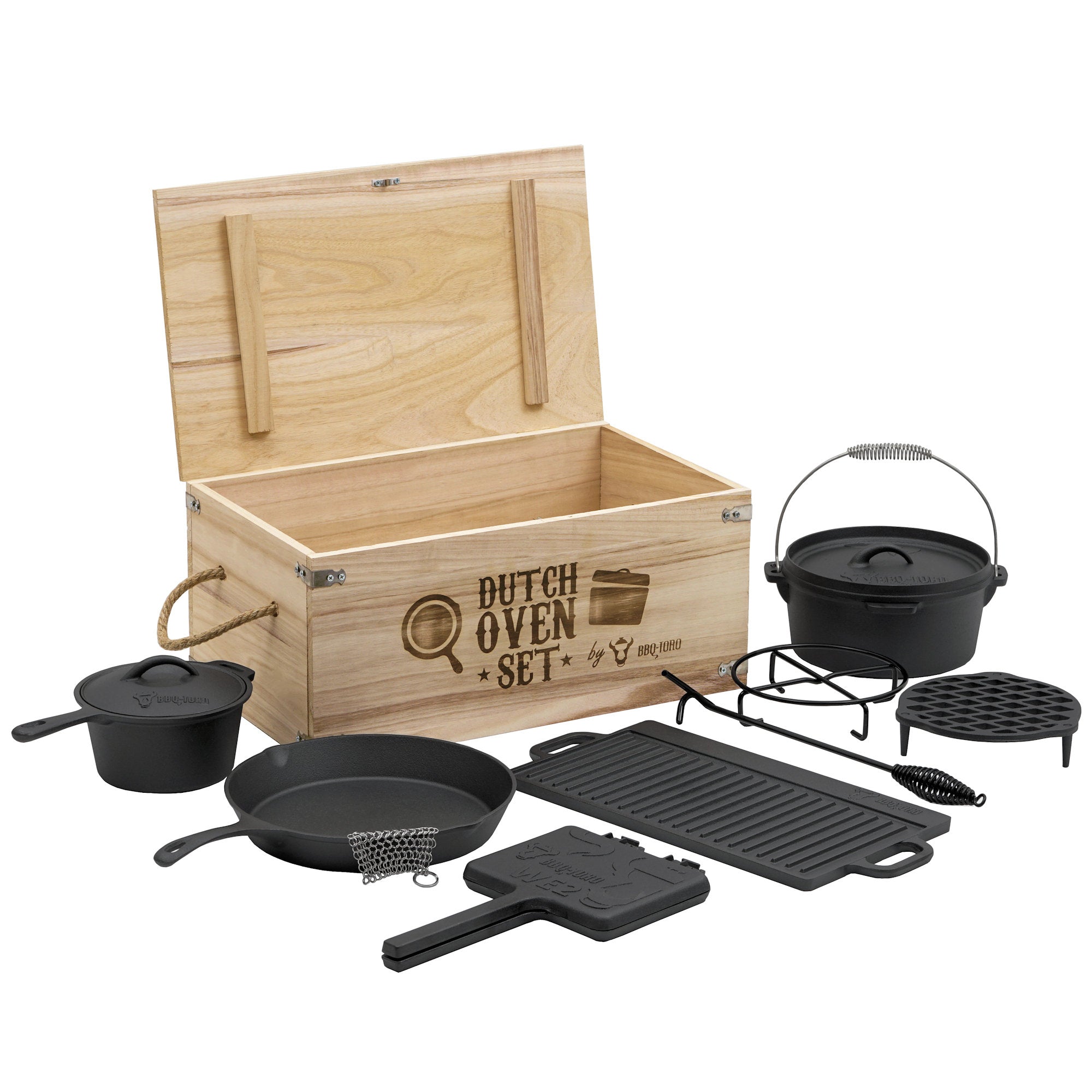 Dutch Oven, 10-piece set, cast iron, including wooden box