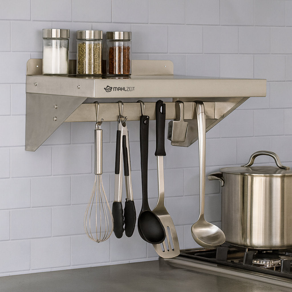 Wall shelf for restaurants, stainless steel, foldable, including hook strip