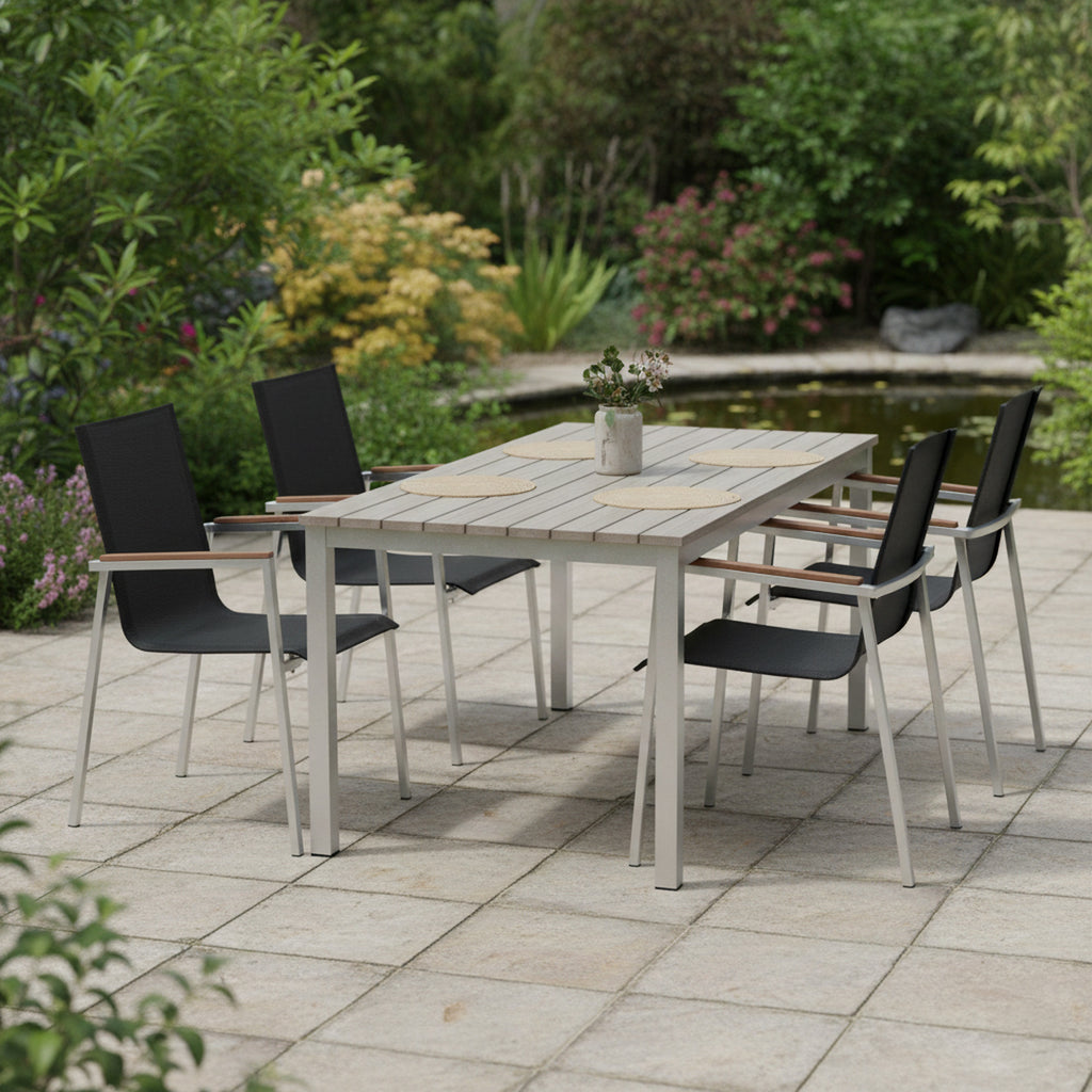 Gartenstuhl, Edelstahl, Nylongewebe, Teak Holz Armlehne