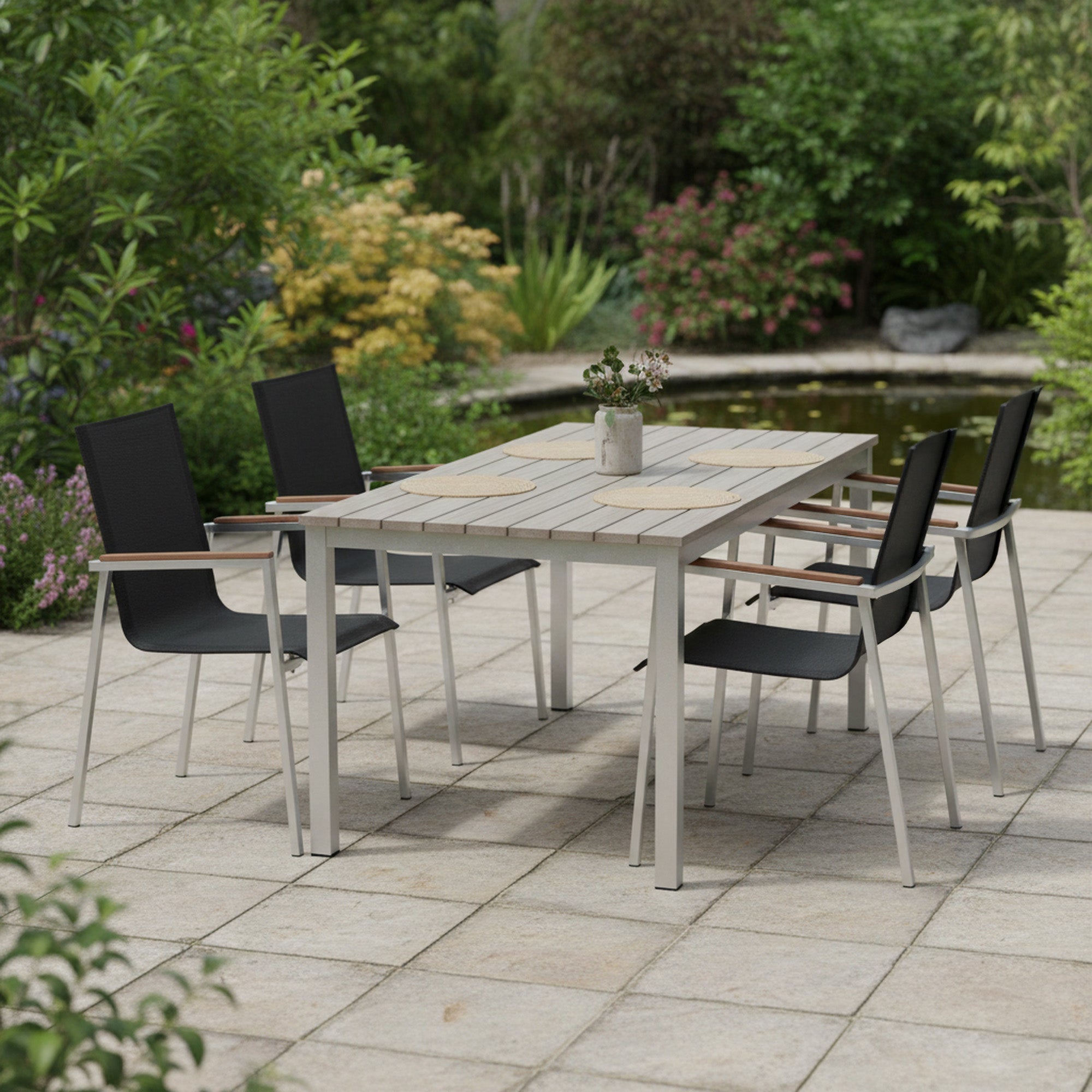 Garden chair, stainless steel, nylon fabric, teak wood armrests