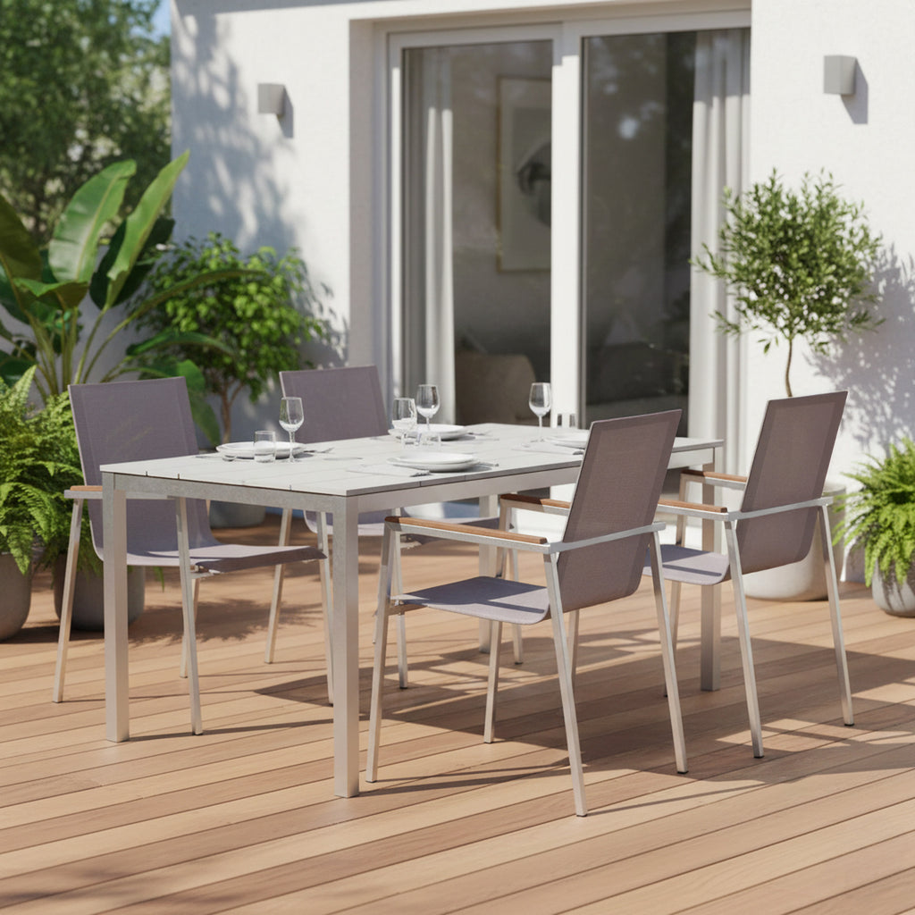 Gartenstuhl, Edelstahl, Nylongewebe, Teak Holz Armlehne