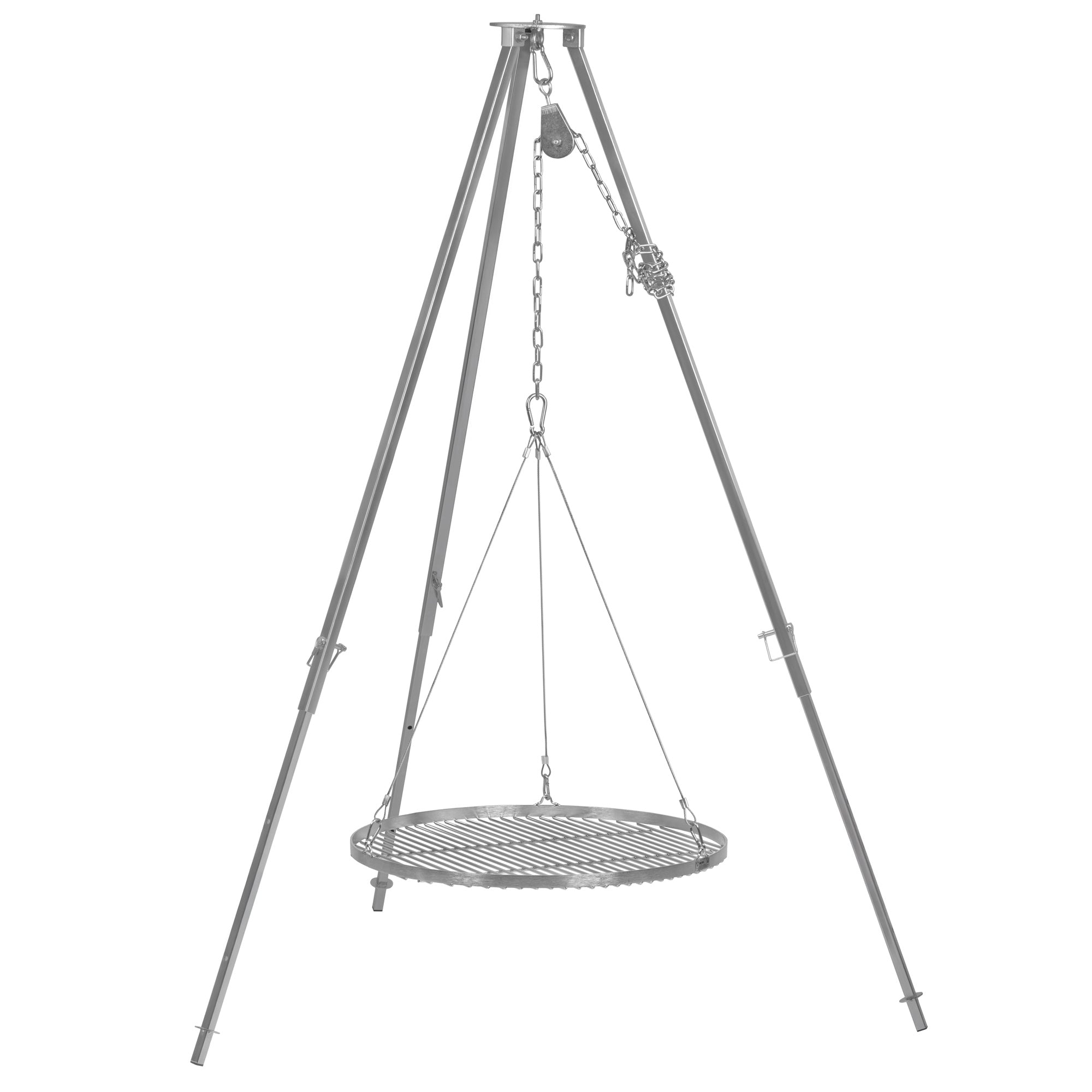 Barbecue trépied en acier inoxydable, avec grille de cuisson et hauteur réglable.