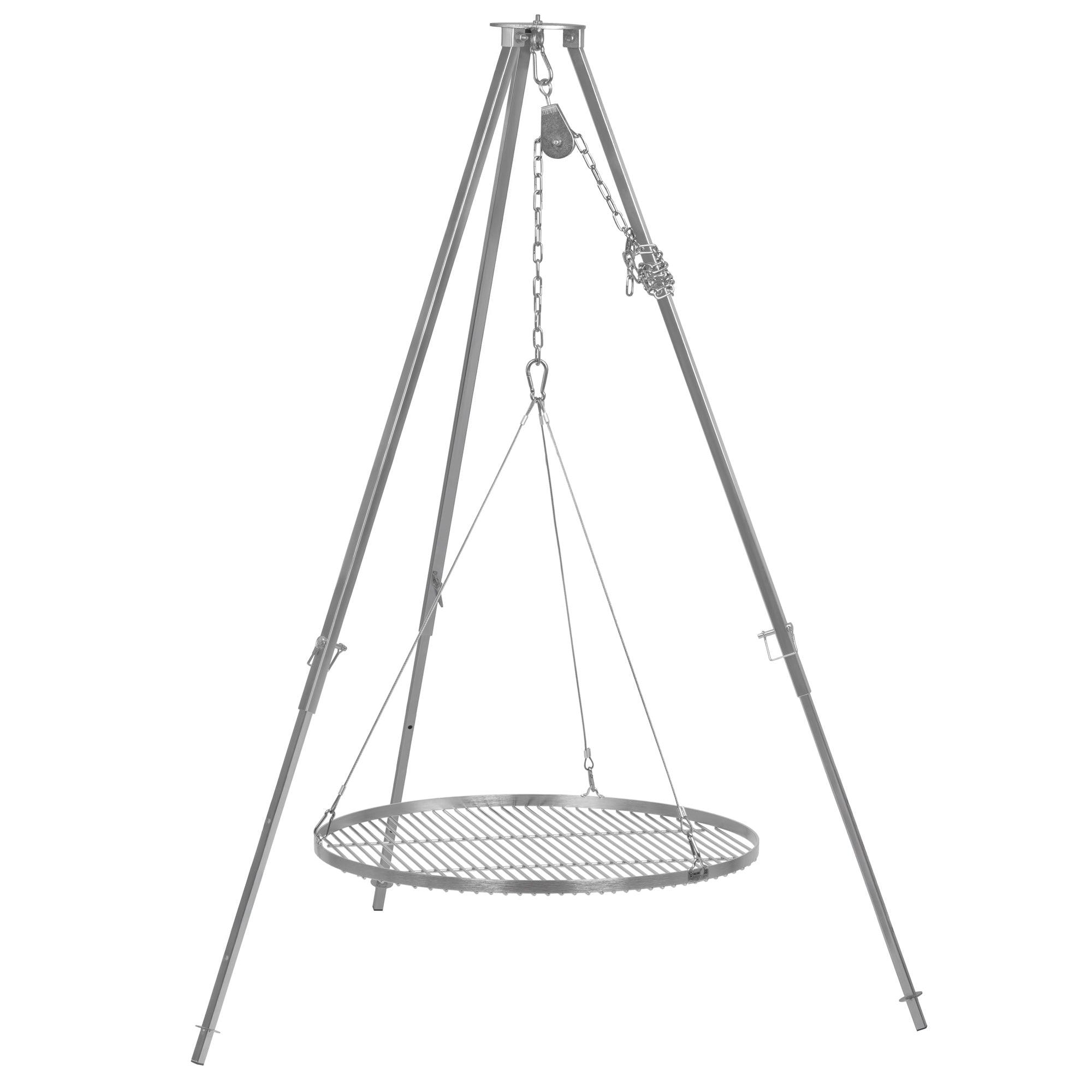 Barbecue trépied en acier inoxydable, avec grille de cuisson et hauteur réglable.