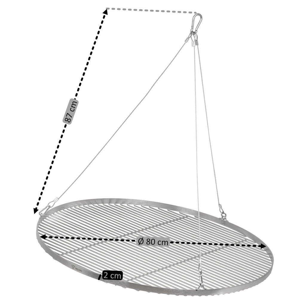 Barbecue trépied en acier inoxydable, avec grille de cuisson et hauteur réglable.