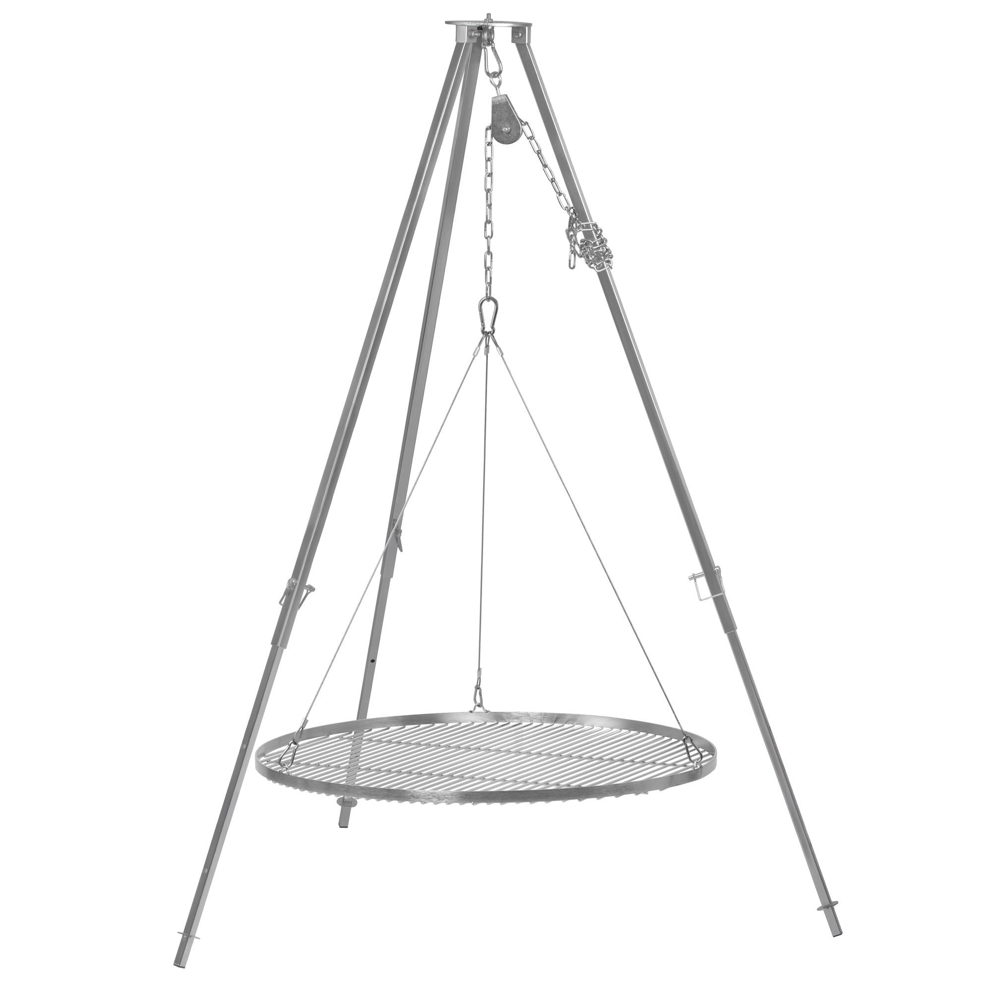 Barbecue trépied en acier inoxydable, avec grille de cuisson et hauteur réglable.