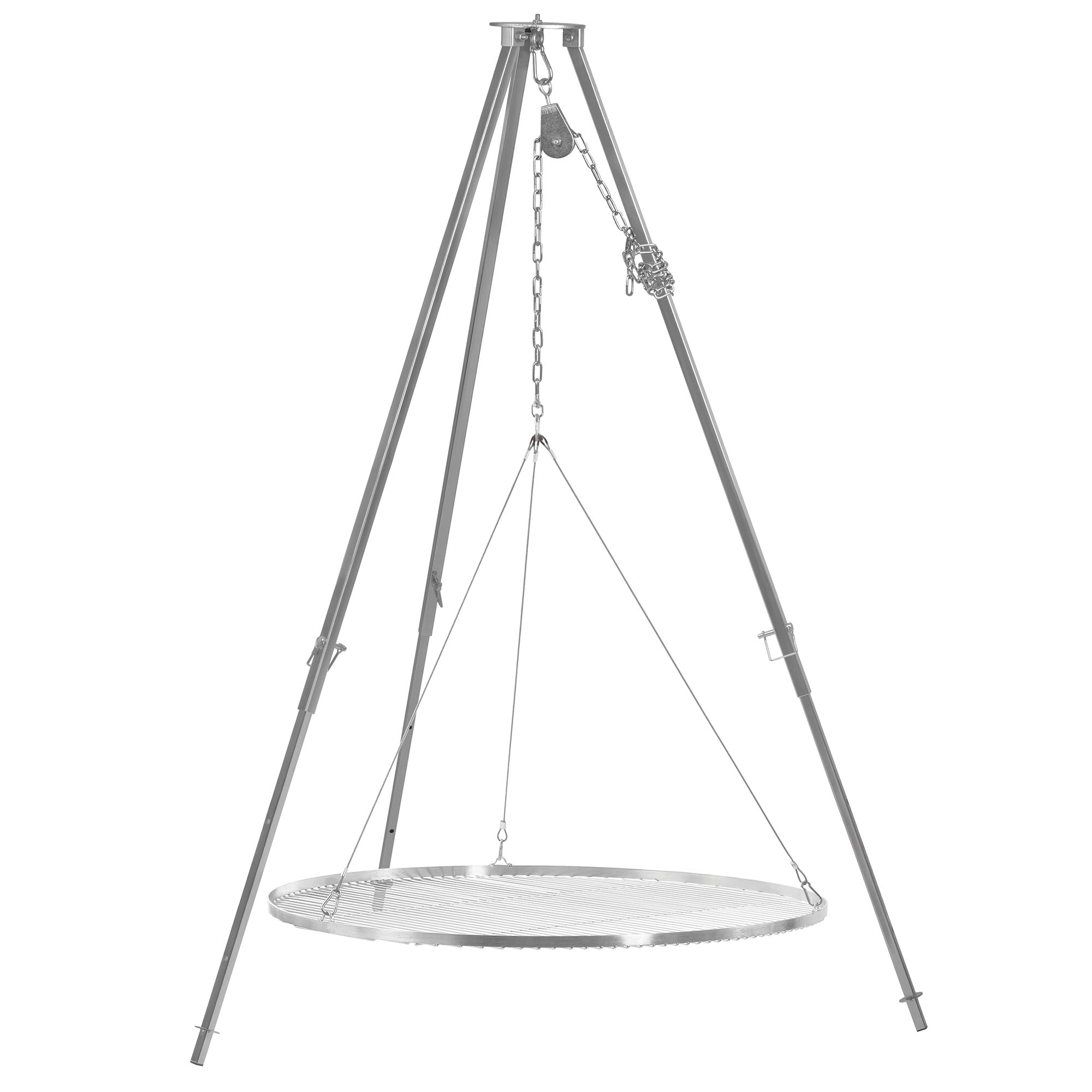 Barbecue trépied en acier inoxydable, avec grille de cuisson et hauteur réglable.