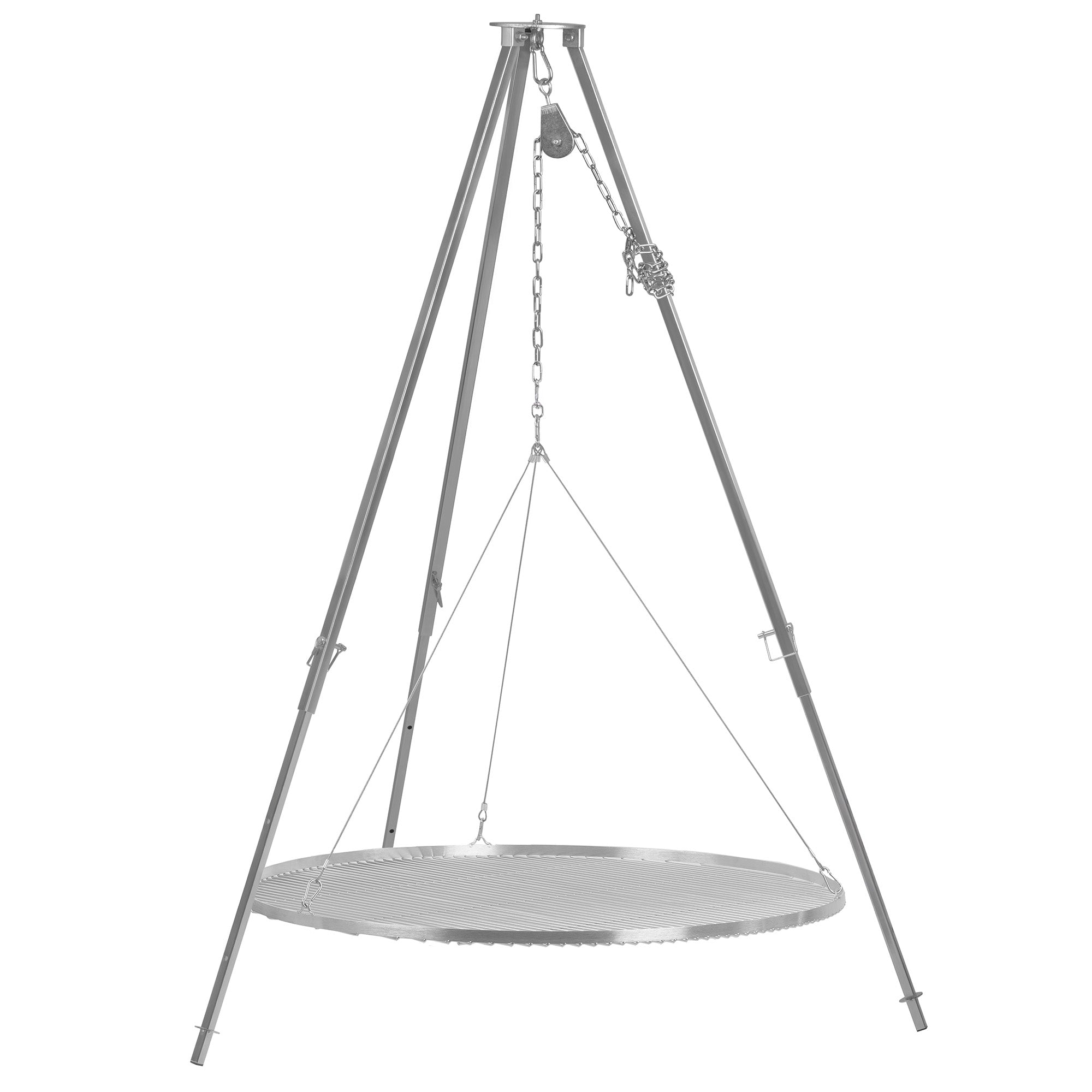 Barbecue trépied en acier inoxydable, avec grille de cuisson et hauteur réglable.