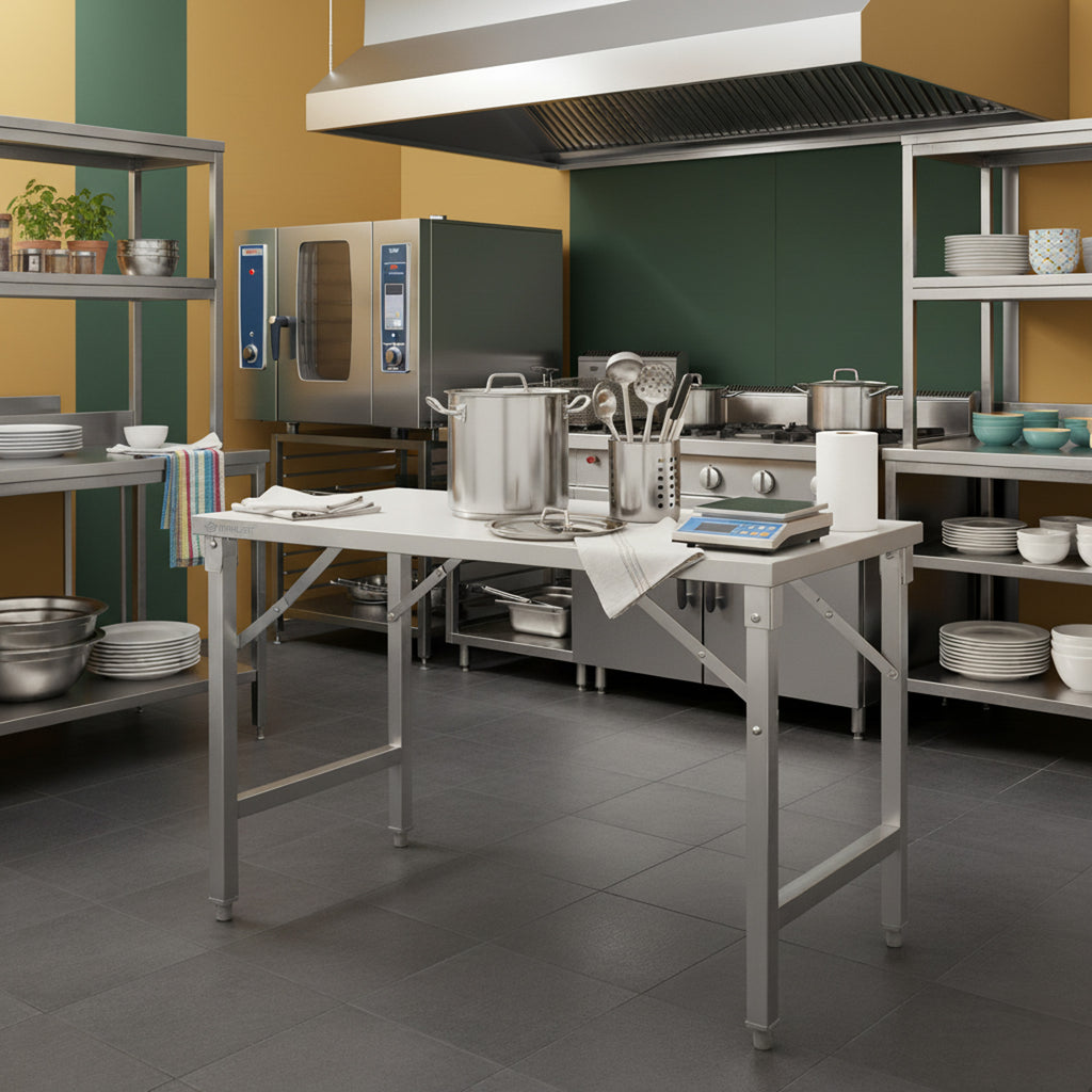 Table en acier inoxydable, système de pliage inclus