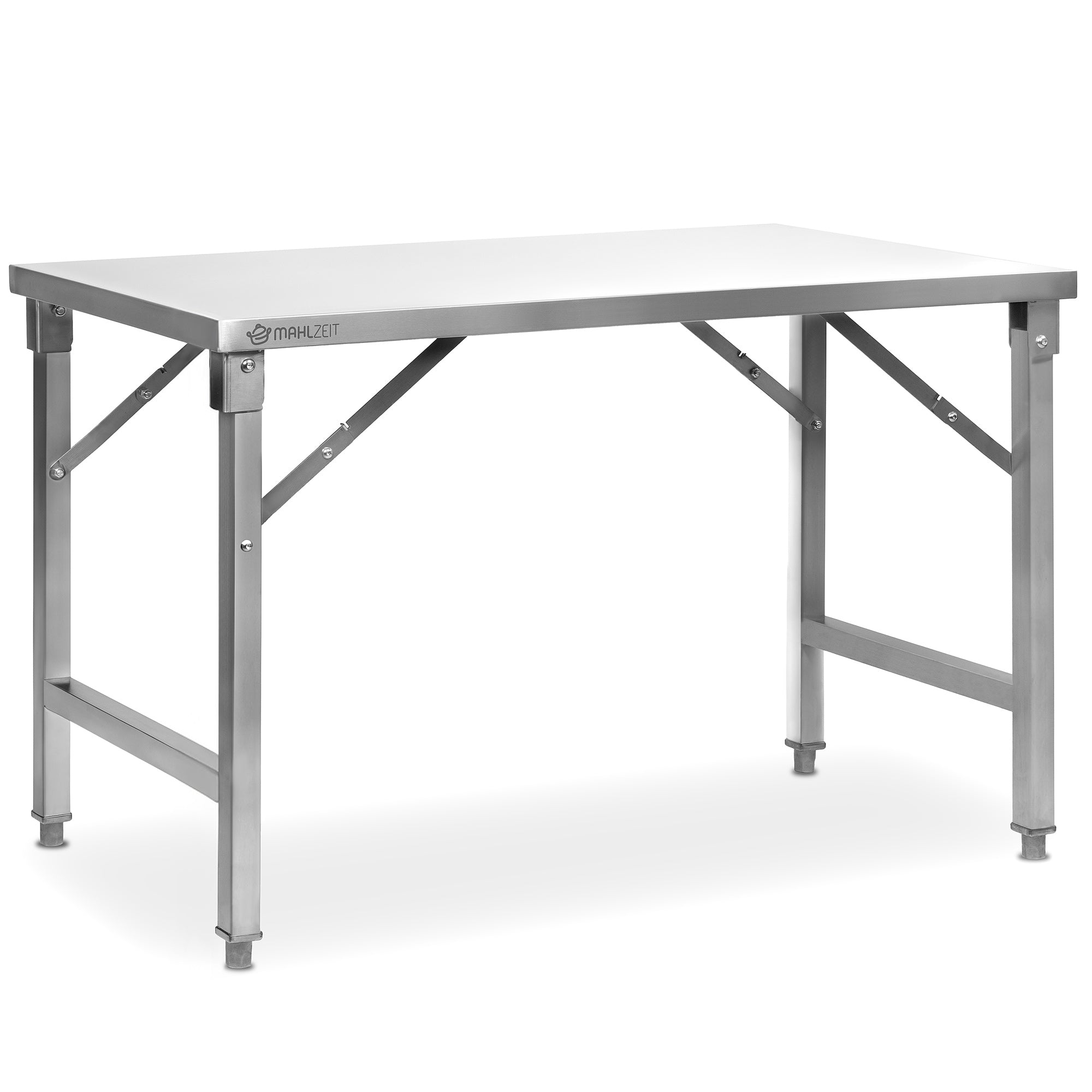 Stainless steel table, including folding system
