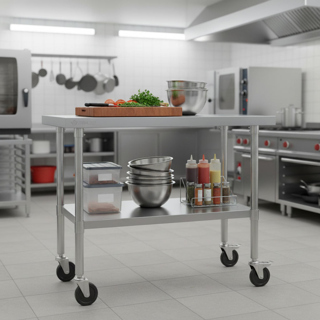 Table en acier inoxydable avec roulettes