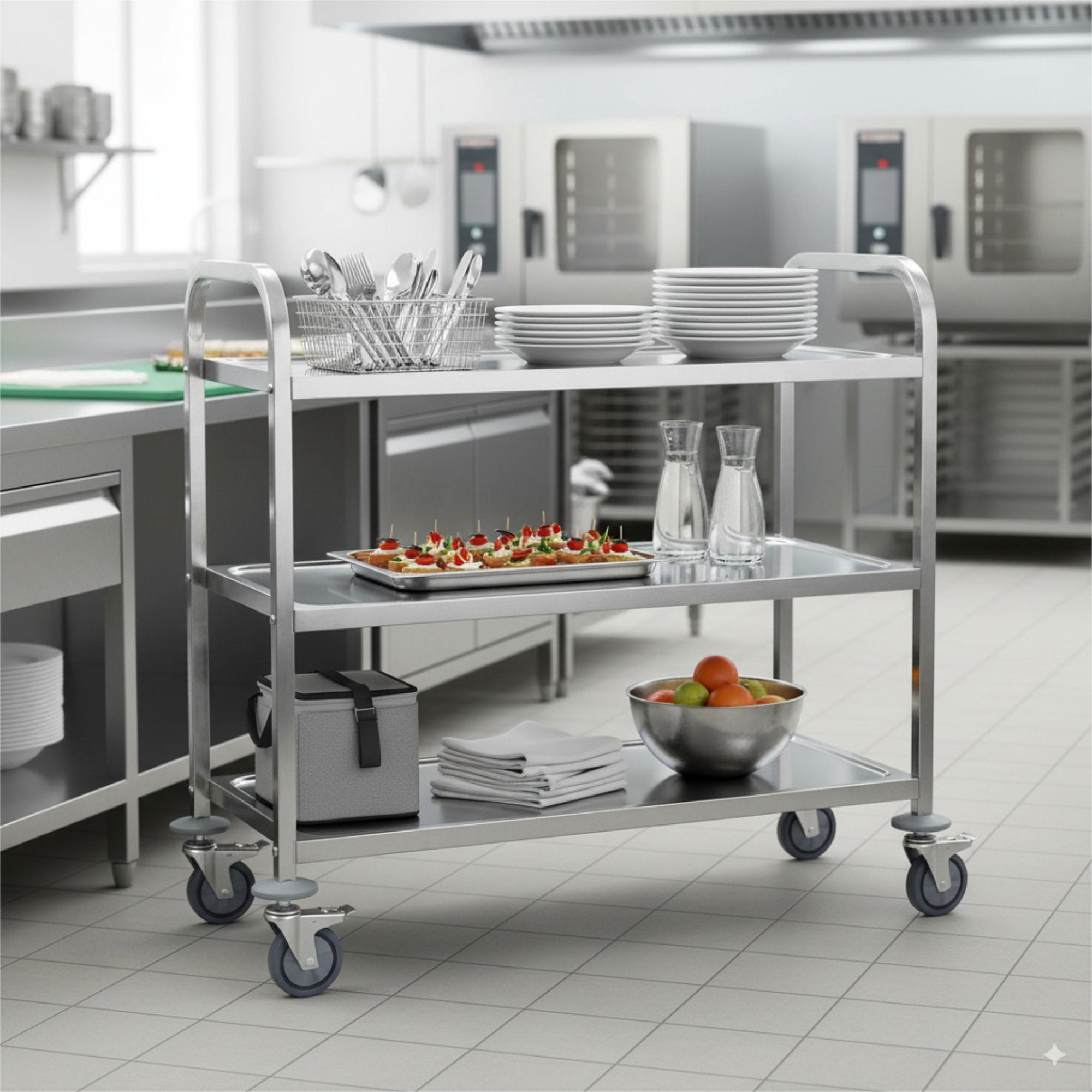 Serving trolley, stainless steel, with 3 shelves